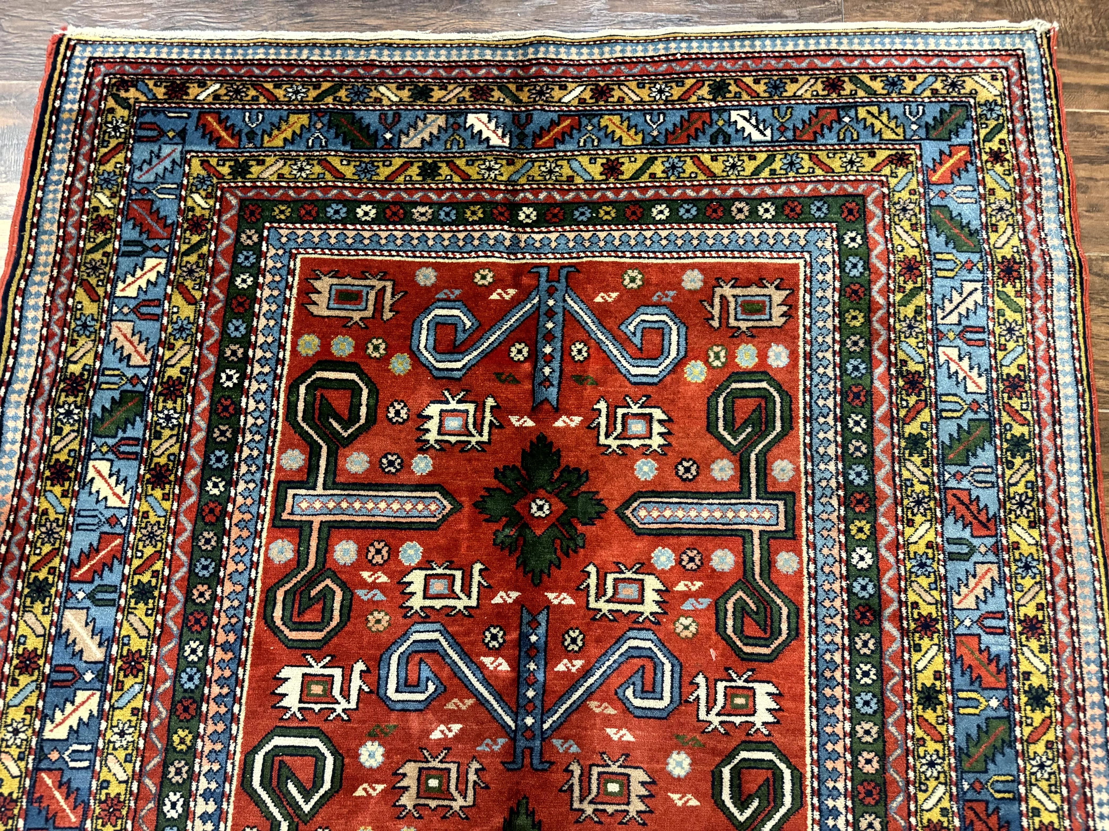 Colorful Persian Ardabil Rug 4x7, Red Blue Gold, Geometric Caucasian Design, Vintage