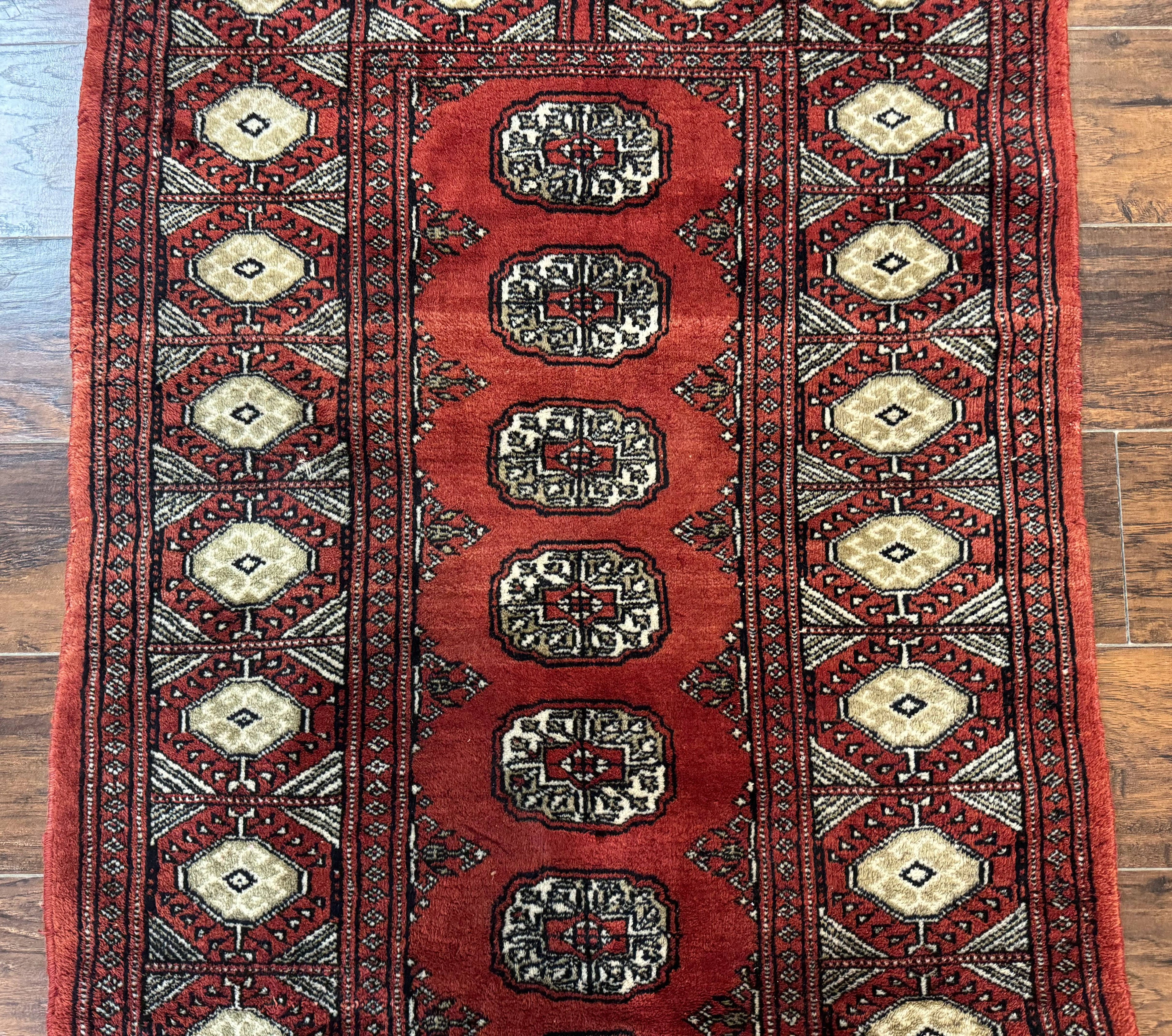Red Pakistani Turkoman Rug 3x5, Bokhara Design, Vintage, Signed