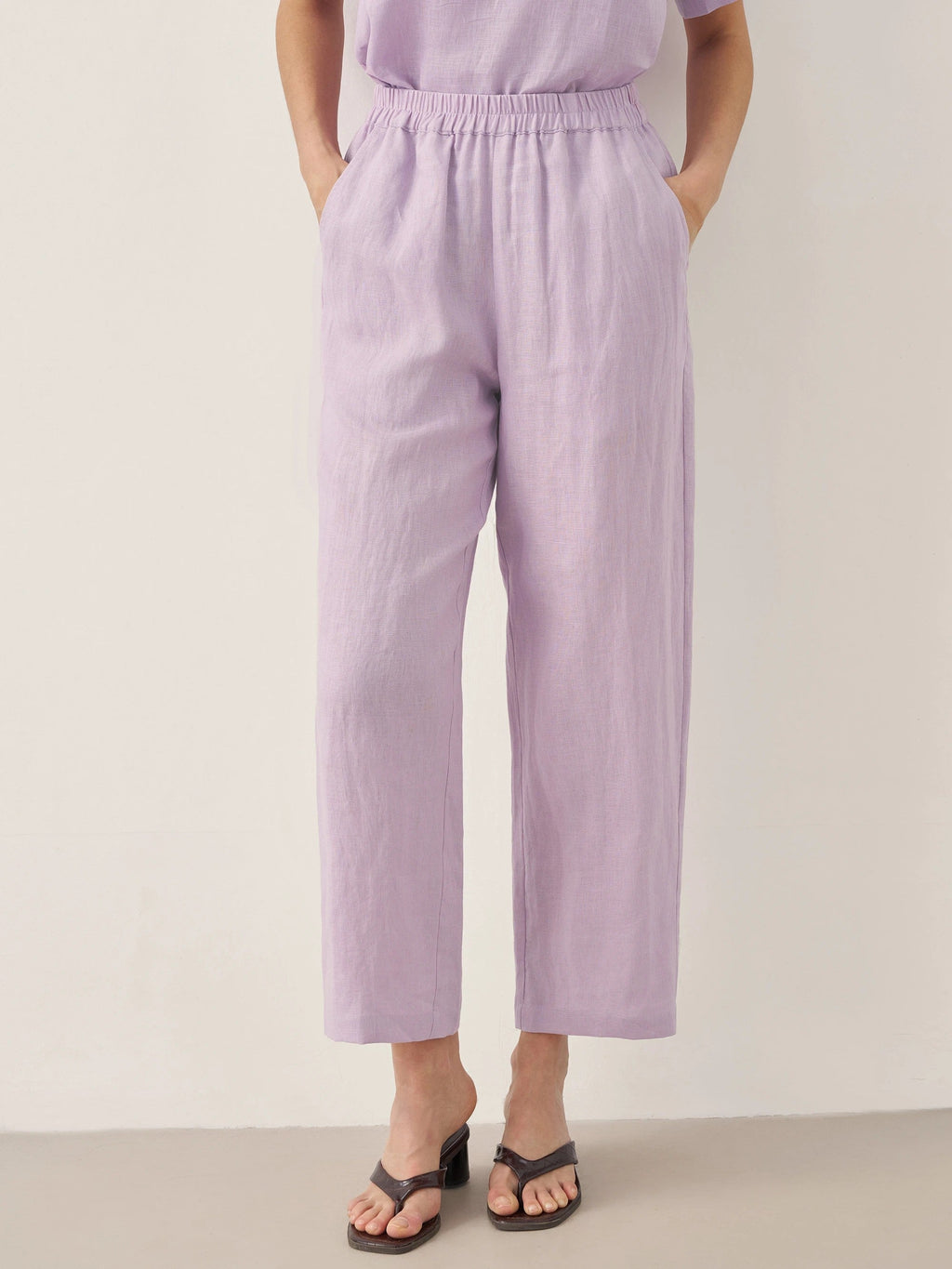 100% Linen Short-Sleeve Round Neck Button Detail Top & Pants Set SASHA