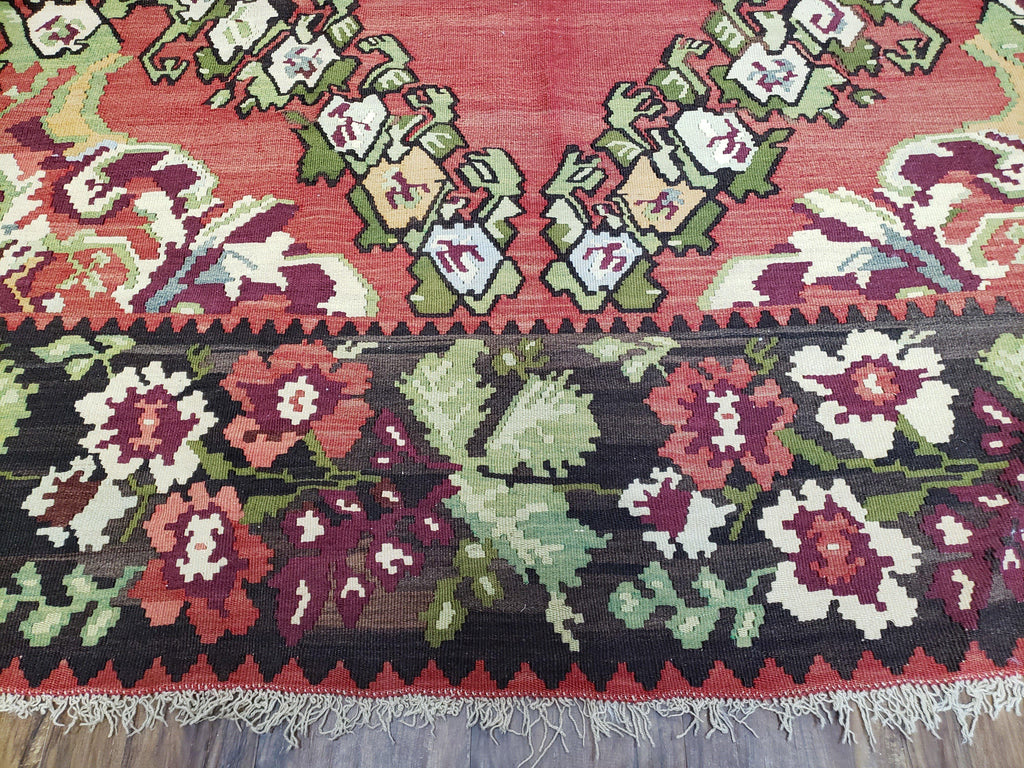 Karabakh Rug 8x11, Caucasian Kilim Rug, Vintage Antique Turkish Anatolian Azerbaijani Carpet, Wool Red & Black Hand-Woven 8 x 11 Living Room