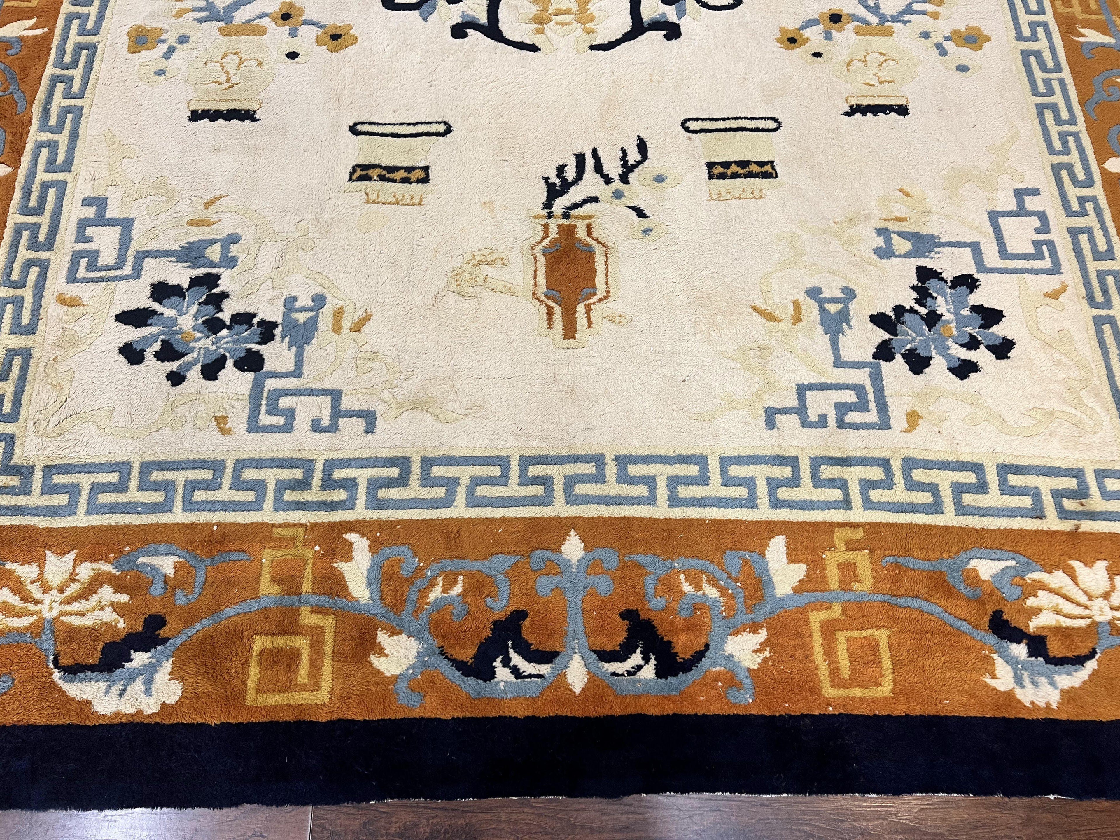 Indo Chinese Rug 9x12, Asian Oriental Carpet 9 x 12, Cream & Burnt Orange, Handmade Wool Vintage Art Deco Rug