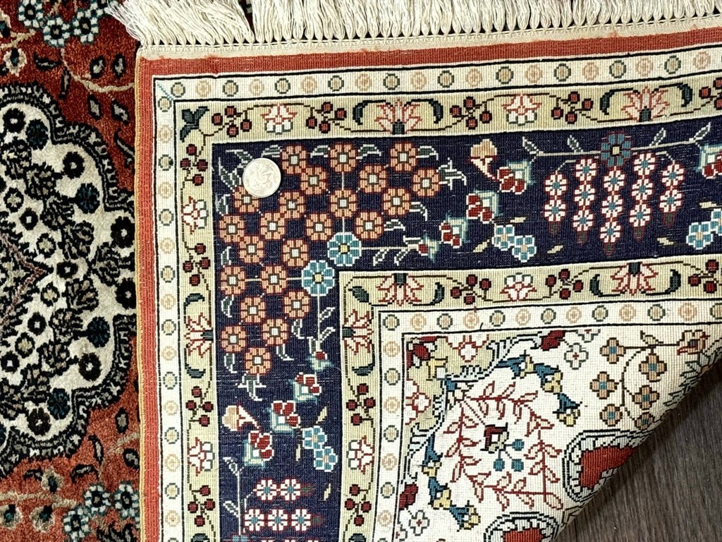 Turkish Silk Runner Rug 3x8, Short Runner Rug, Red, Floral Medallions, Very Fine 360 KPSI, 3 x 8 Runner