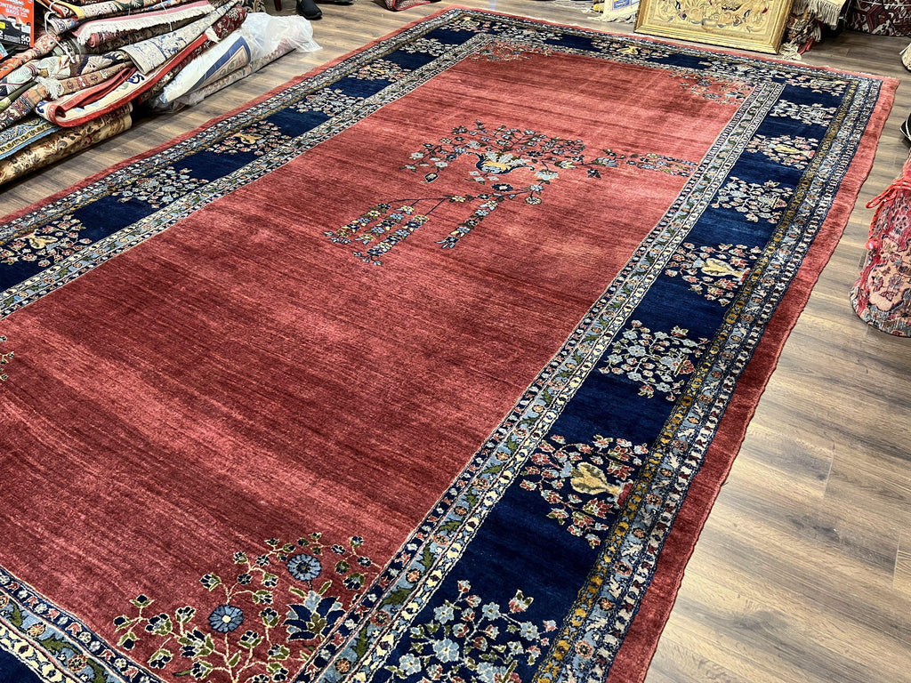 Large Persian Sarouk Rug 10x17, Open Field, Red and Navy Blue, Palace Sized Oversized Hand Knotted Wool Oriental Carpet Flowers Vases Antique 1920s