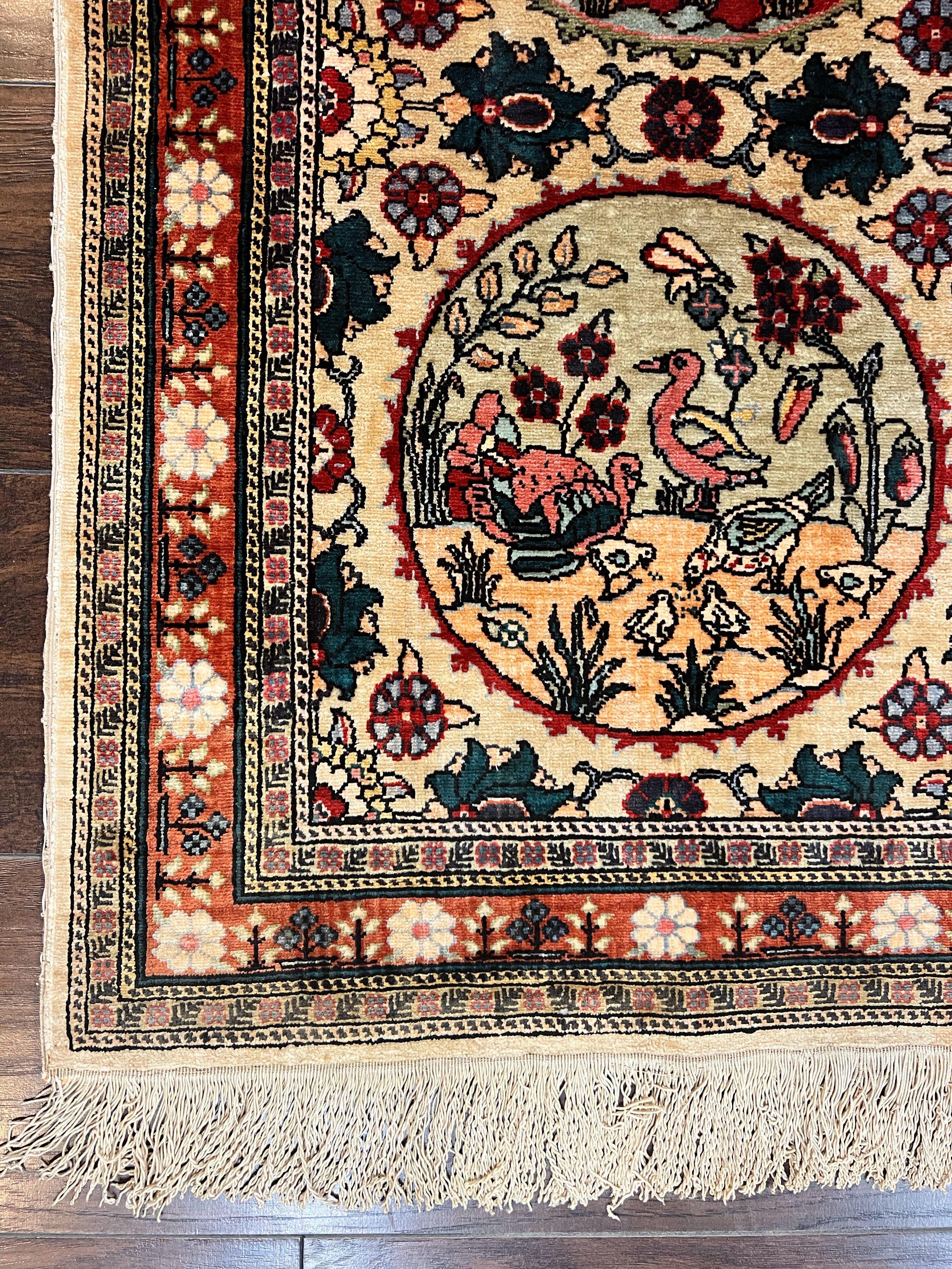 Silk Turkish Rug 2x4, Fine Handmade Oriental Rug, Animal Pictorial Birds Silk Pile on Silk Foundation Vintage Hand Knotted Hereke Carpet