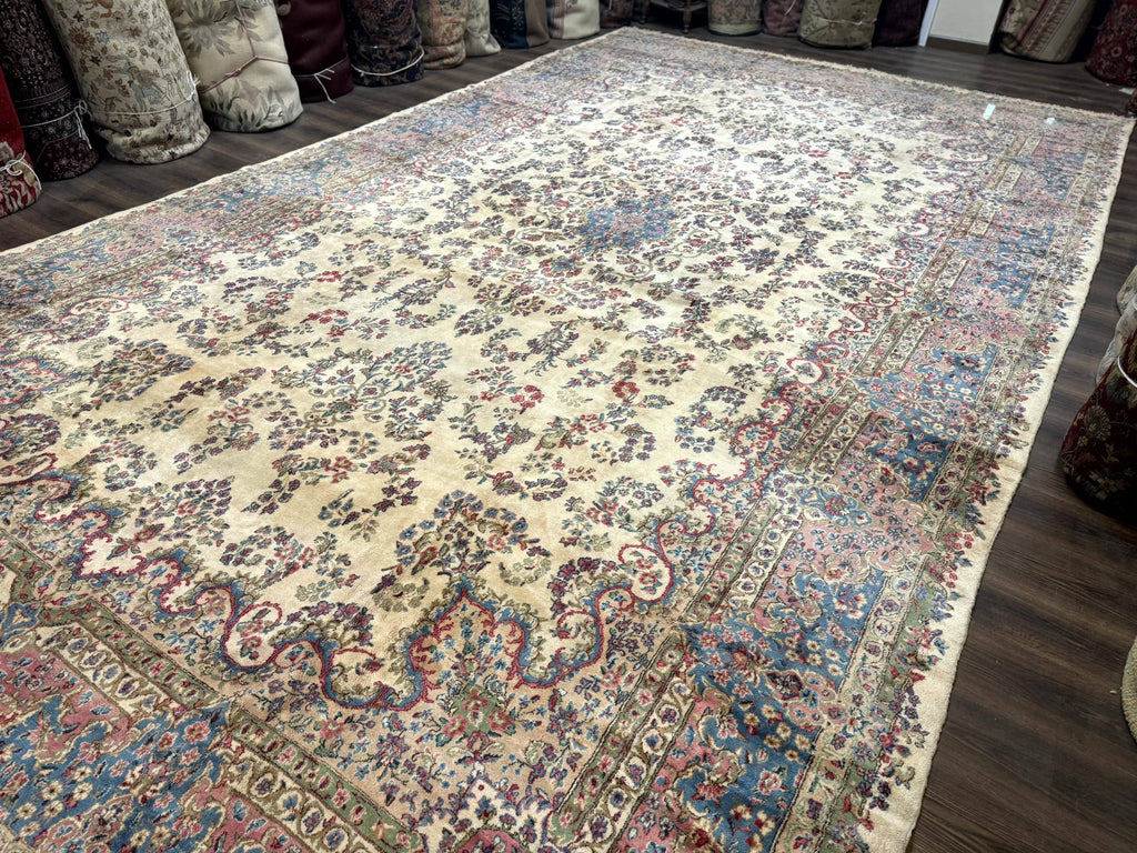 Palace Size Persian Kerman Rug 11x20 ft, Very Fine 340 KPSI, Vintage Oversized Wool Handmade Large Persian Carpet, Beige Light Blue Pink