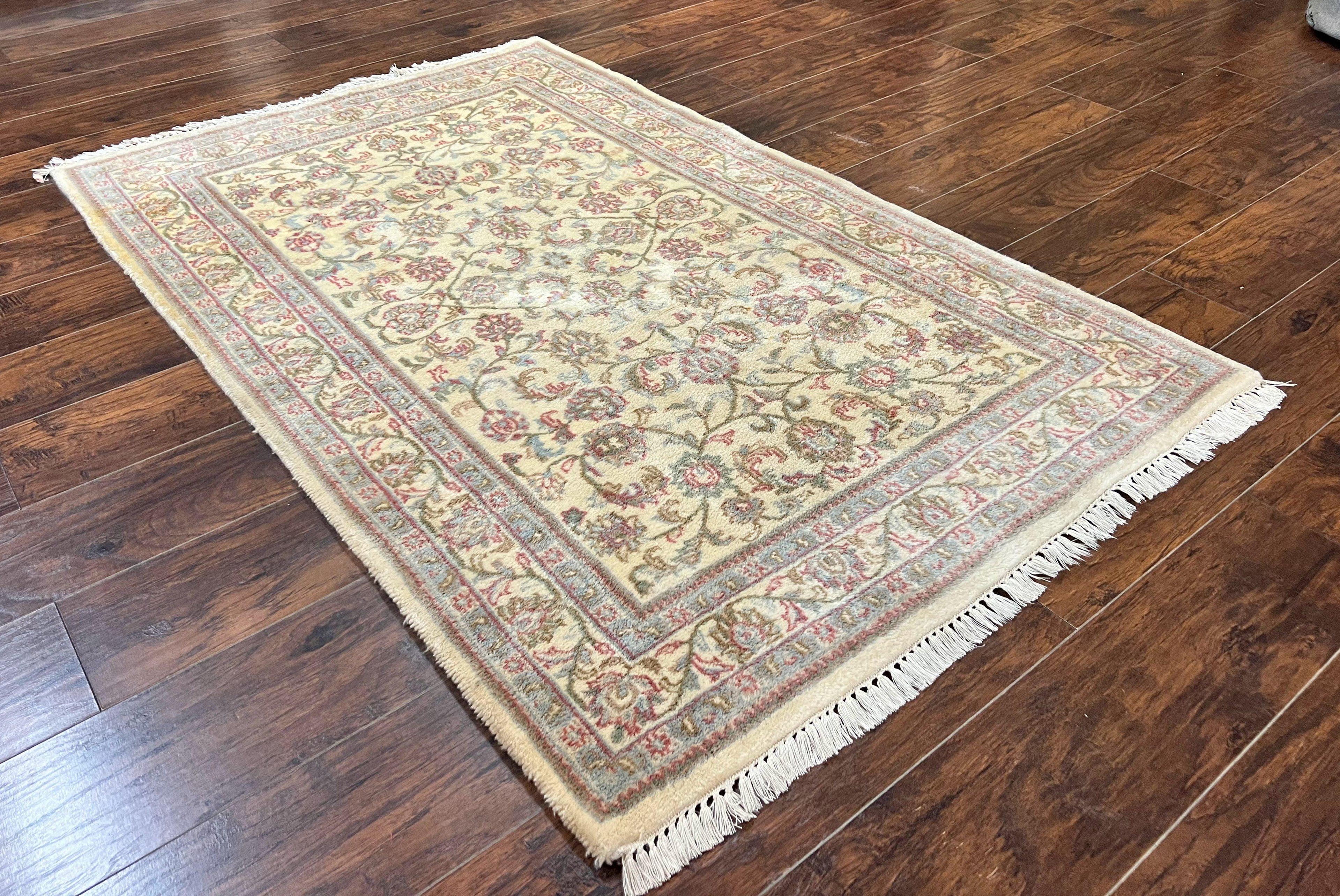 Indo Persian Rug 4x6, Vintage Handmade Wool Carpet, Floral Allover Pattern, Beige, Pair A
