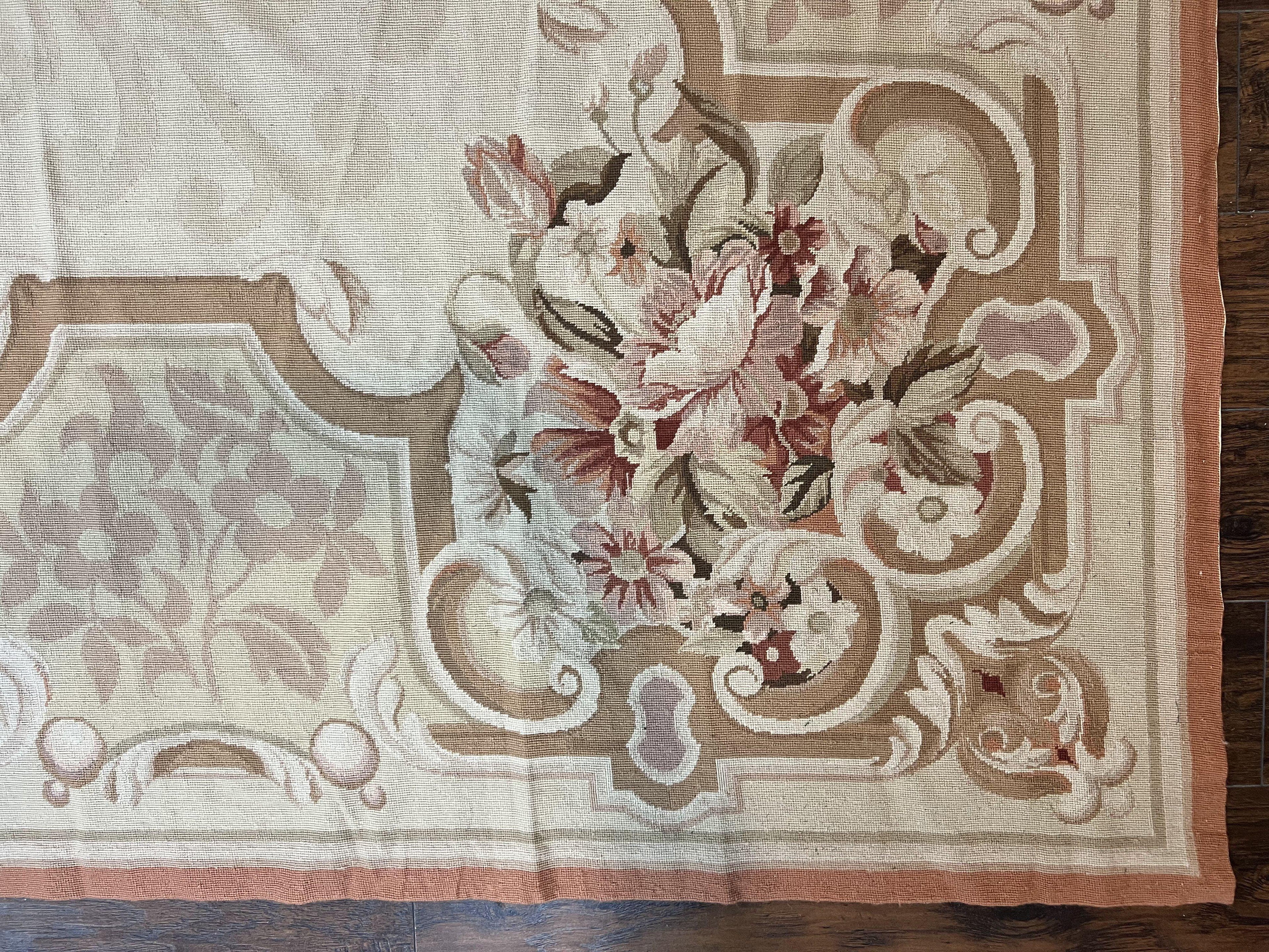 10x14 Aubusson Rug, Wool Handmade Vintage Carpet, French European Design, Elegant
