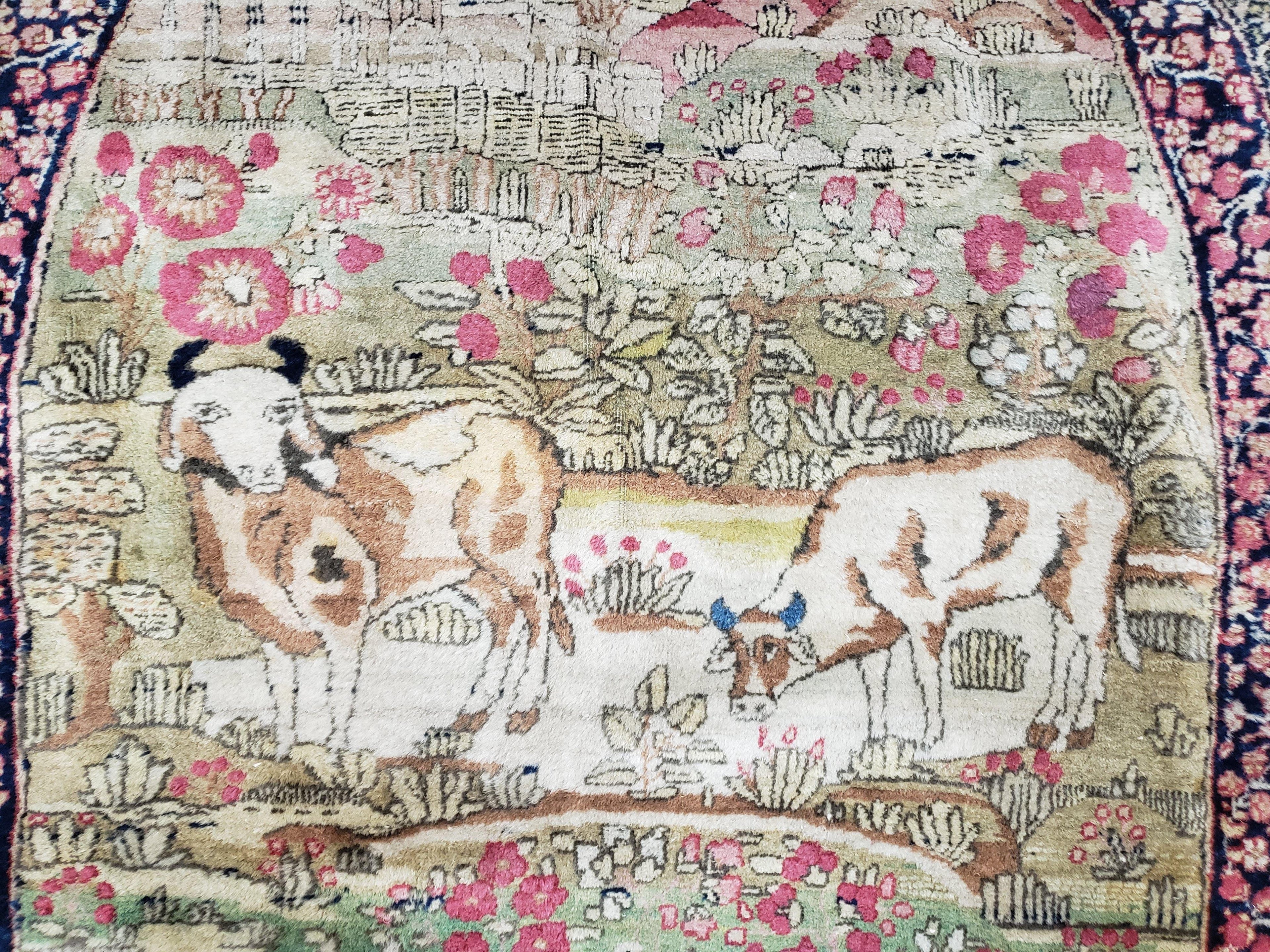 Antique Persian Kerman Lavar Rug 4.4 x 7.5, Highly Collectible Rare, 1880s Rug, Millefleurs, Cows, Wool Hand Knotted, Pictorial