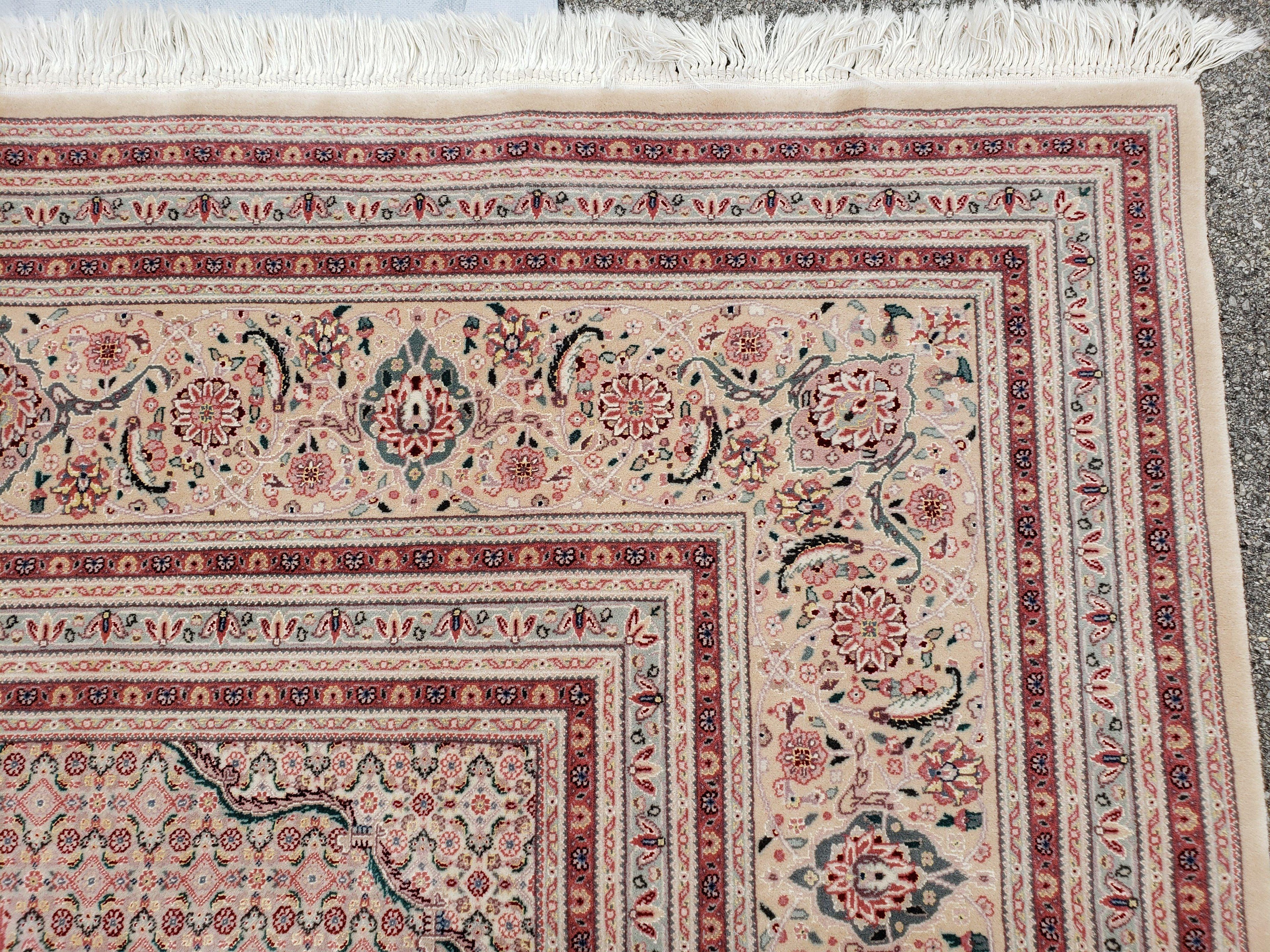Stunning Oversized Pak Persian Oriental Rug 12x15, Hand Knotted Wool & Silk Palace Sized Carpet, Mahi Pattern, Very Fine, Peach Beige, Wow