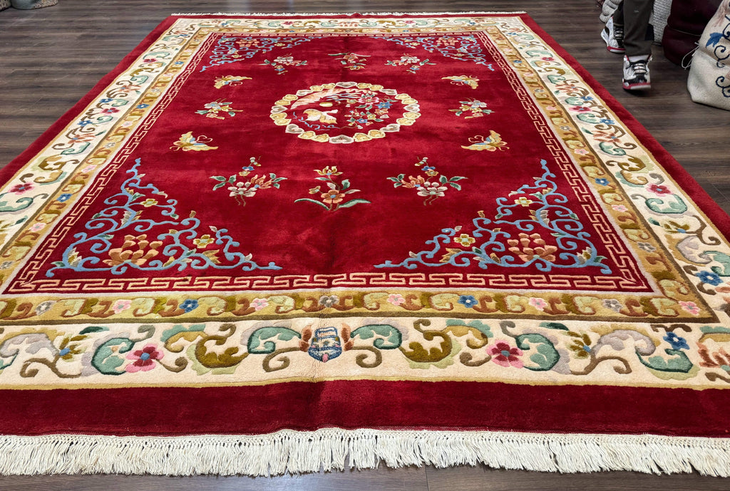 Indo Chinese Wool Rug 9x12, Red Art Deco Carpet, Vintage