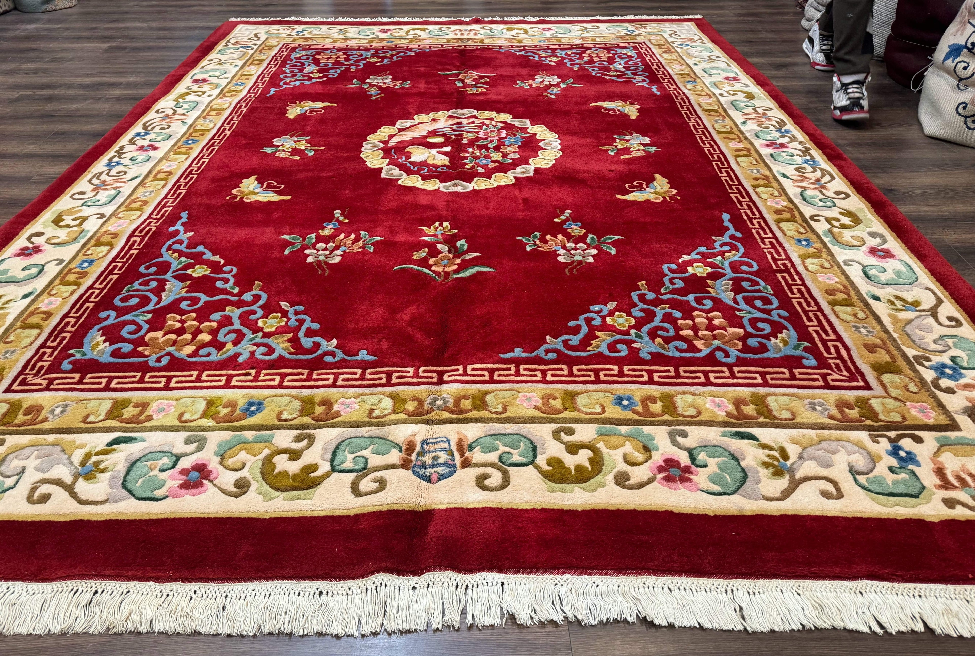 Indo Chinese Wool Rug 9x12, Red Art Deco Carpet, Vintage