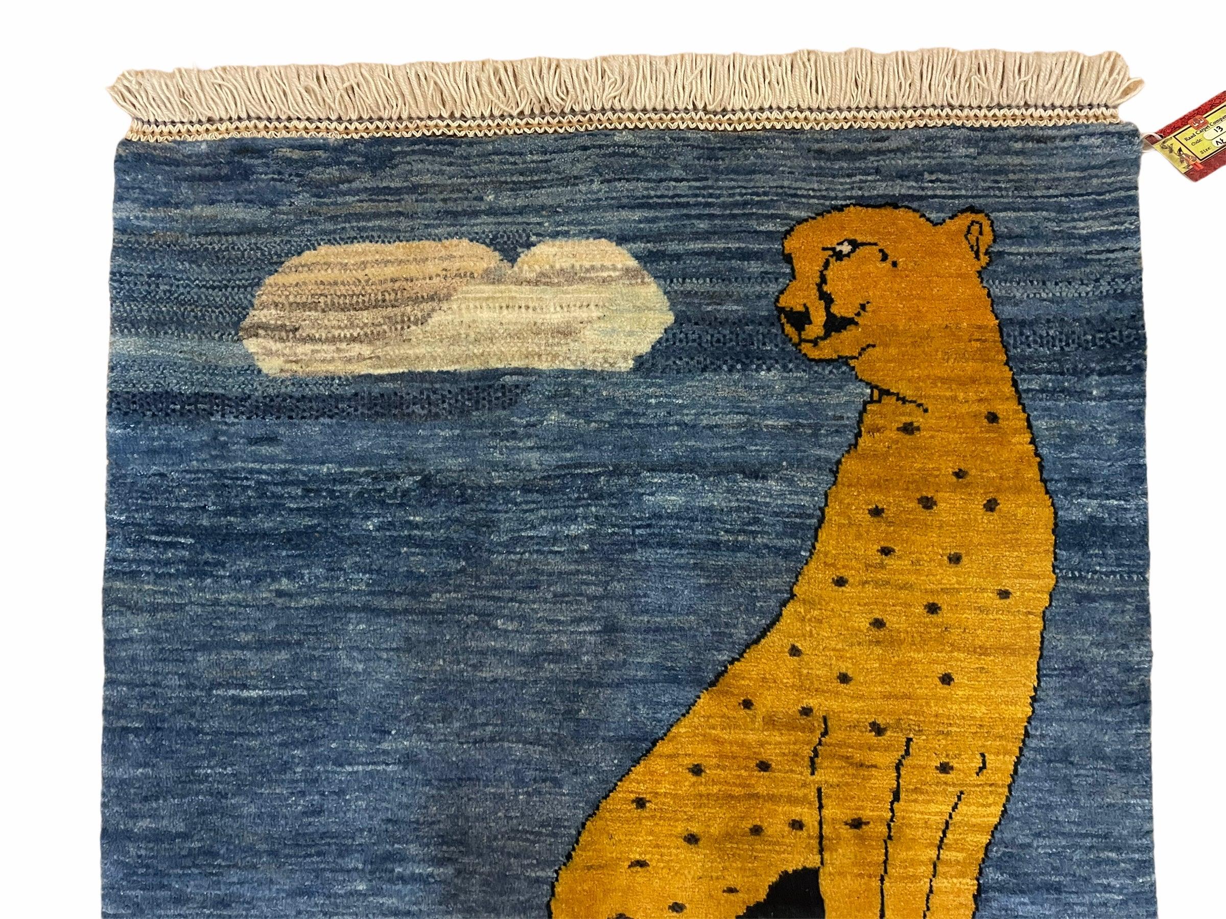 3 x 5 Handmade New Vintage Wool Blue Rug Leopard Lion Jaguar Deer Organic Dyes