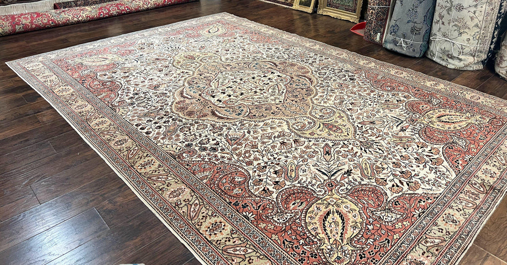 Turkish Sivas Rug 9x12, Handmade Vintage Wool Carpet, Cream Ivory