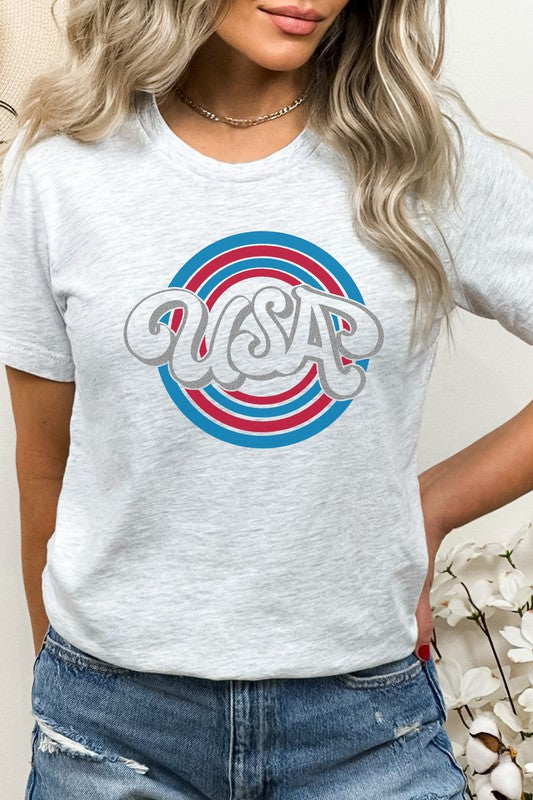 USA Patriotic Blue Red Circles July Graphic Tee T-Shirt