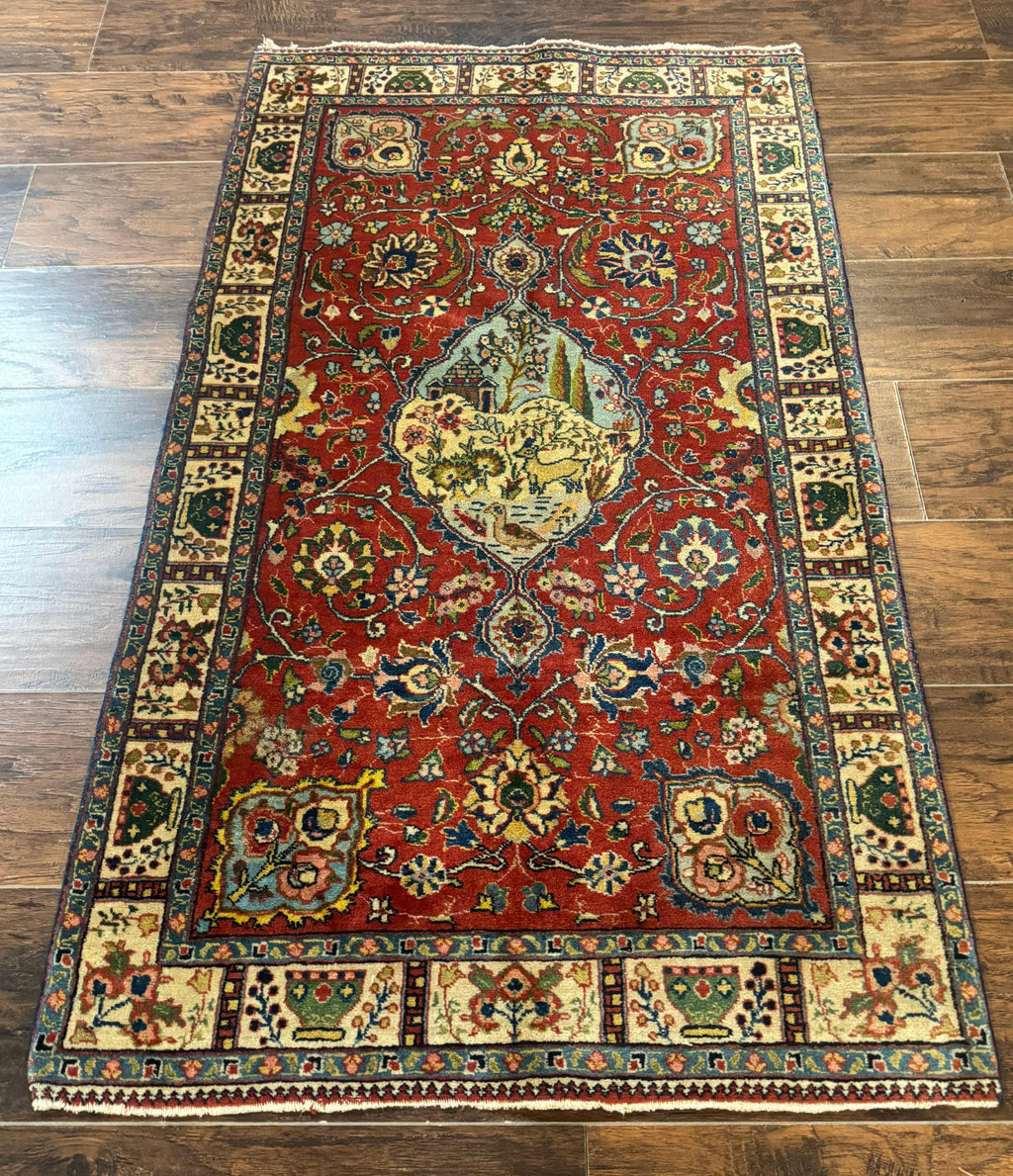 Small Persian Tabriz Rug 2.8 x 4.7, Red, Animal Pictorials, Semi Antique Vintage