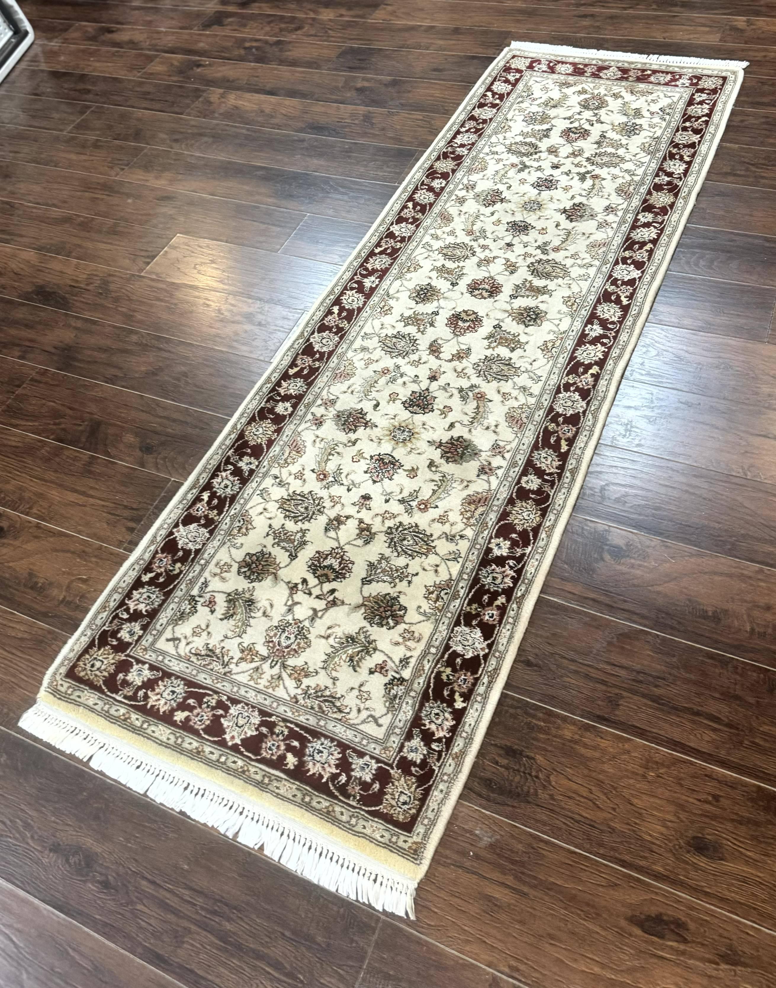 Pak Persian Runner Rug 2.8 x 8, Handmade Vintage Carpet, Beige and Maroon, Wool and Silk Highlights
