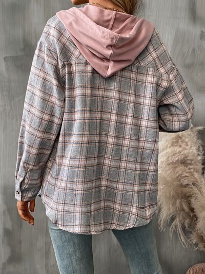 Plaid Buttoned Long Sleeve Hooded Jacket for Women – Cozy & Stylish Cotton-Blend Outerwear