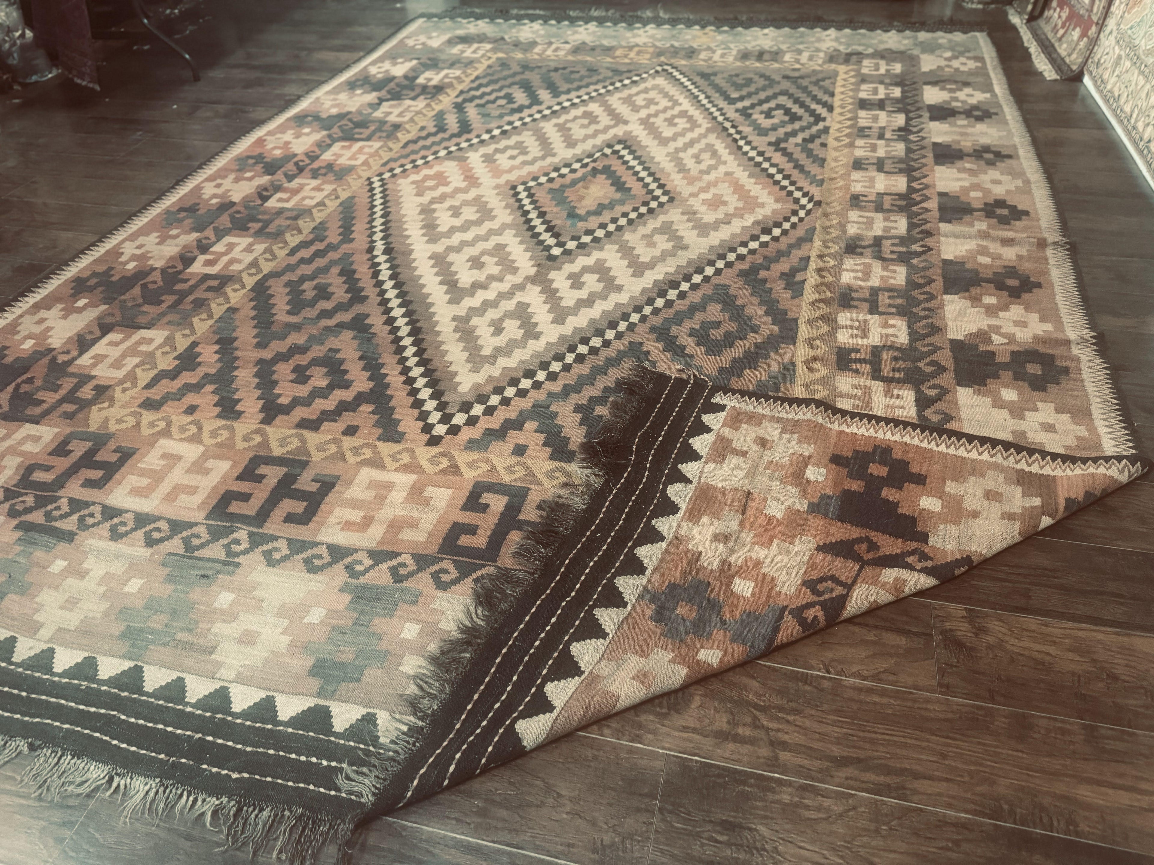 Antique Persian Tribal Kilim Rug 9x12, Zig Zag Pattern Kilim, Zarand Rug, Wool, Earth Tone Colors