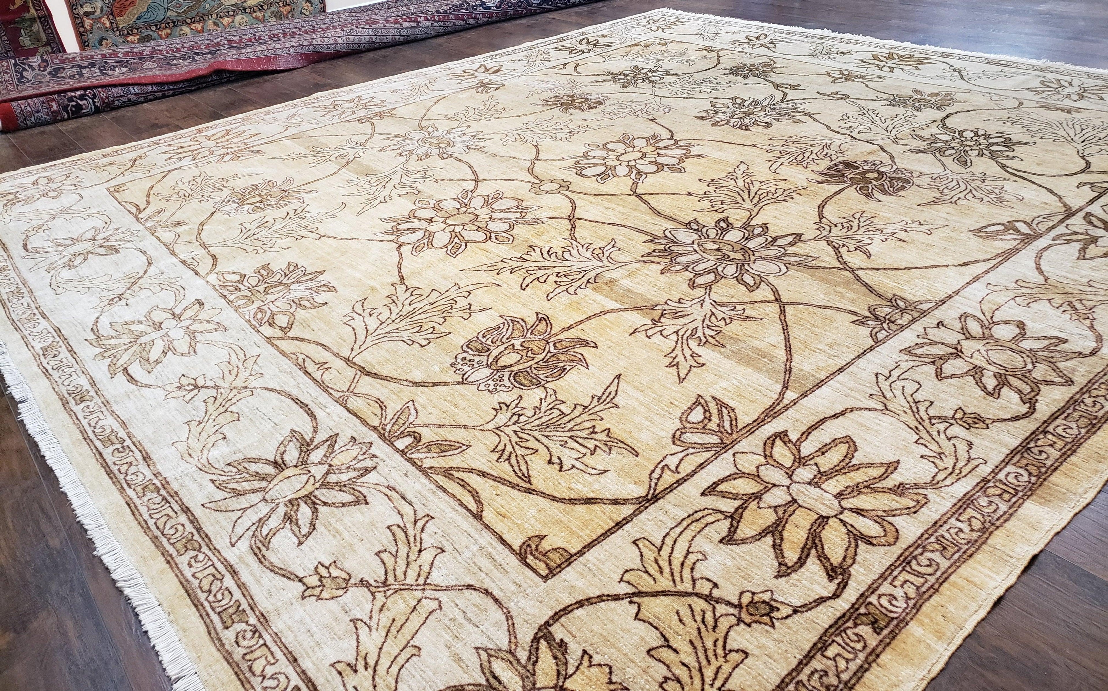Oversized Peshawar Chobi Oushak Area Rug 11.6 x 12.5, Wool Hand-Knotted Light Gold & Ivory Decorative Pakistani Floral Carpet, 11x12 - 12x13