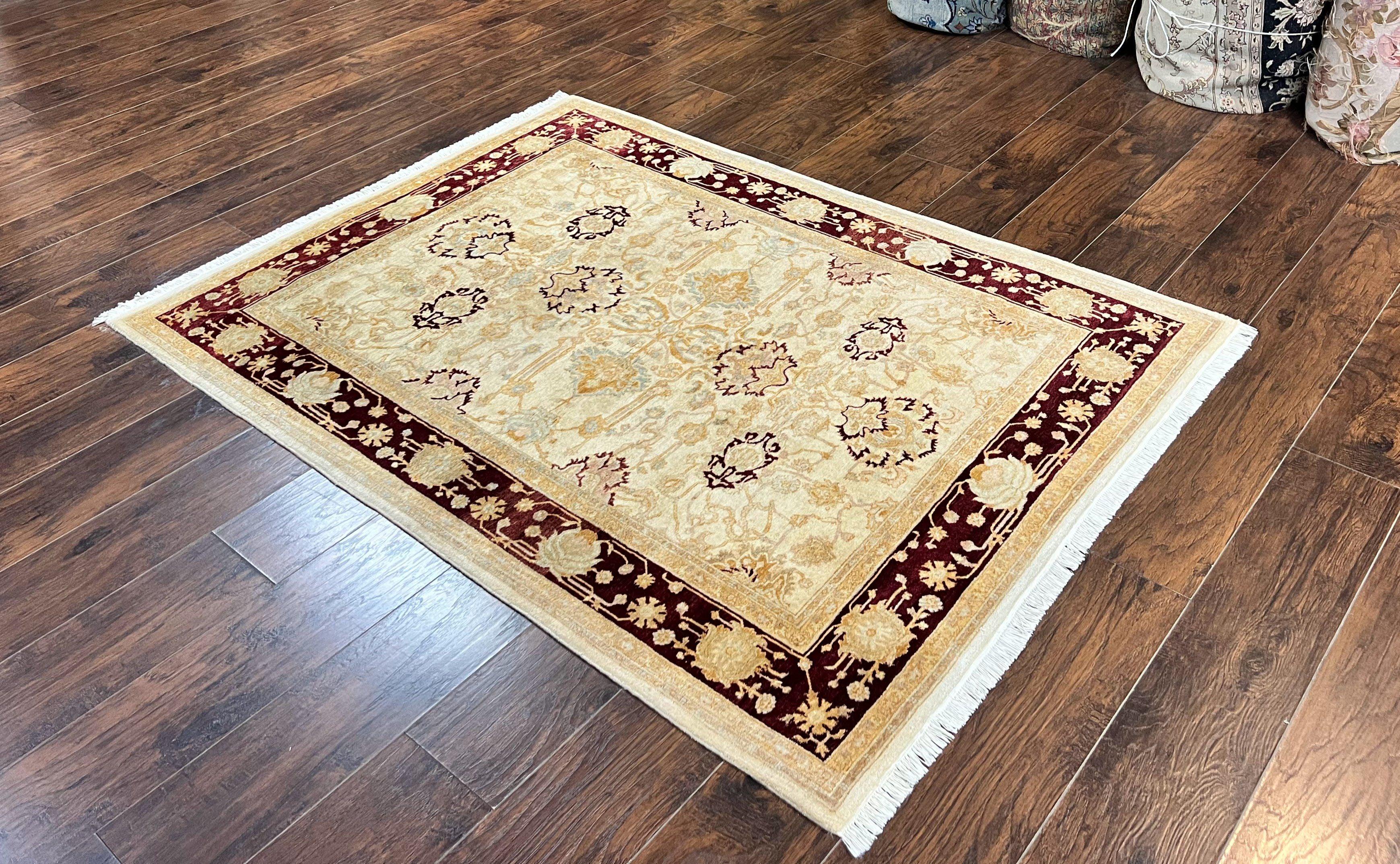 Peshawar Rug 5x7, Beige and Maroon, Vintage Handmade Wool Traditional Carpet 5 x 7 ft, Pakistani Rug, Agra Pattern, Very Fine 260 KPSI