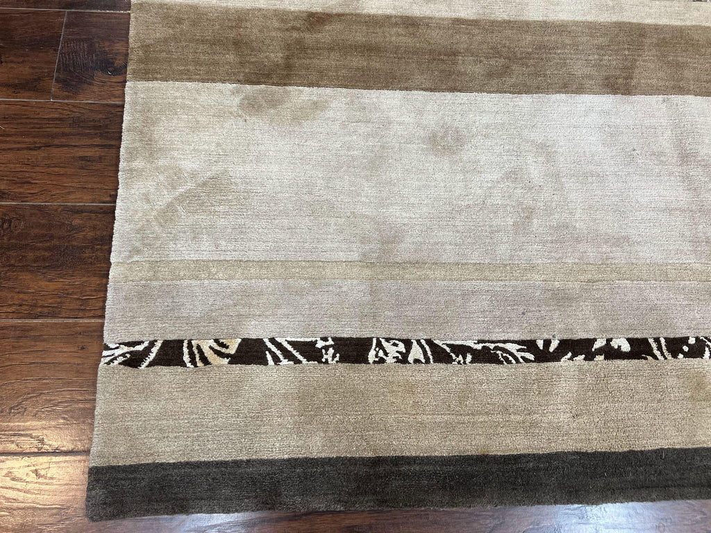 Modern Tibetan Nepali Rug 8x12, Stripe Pattern, Wool with Silk Highlights, Handmade, Beige Tan Brown