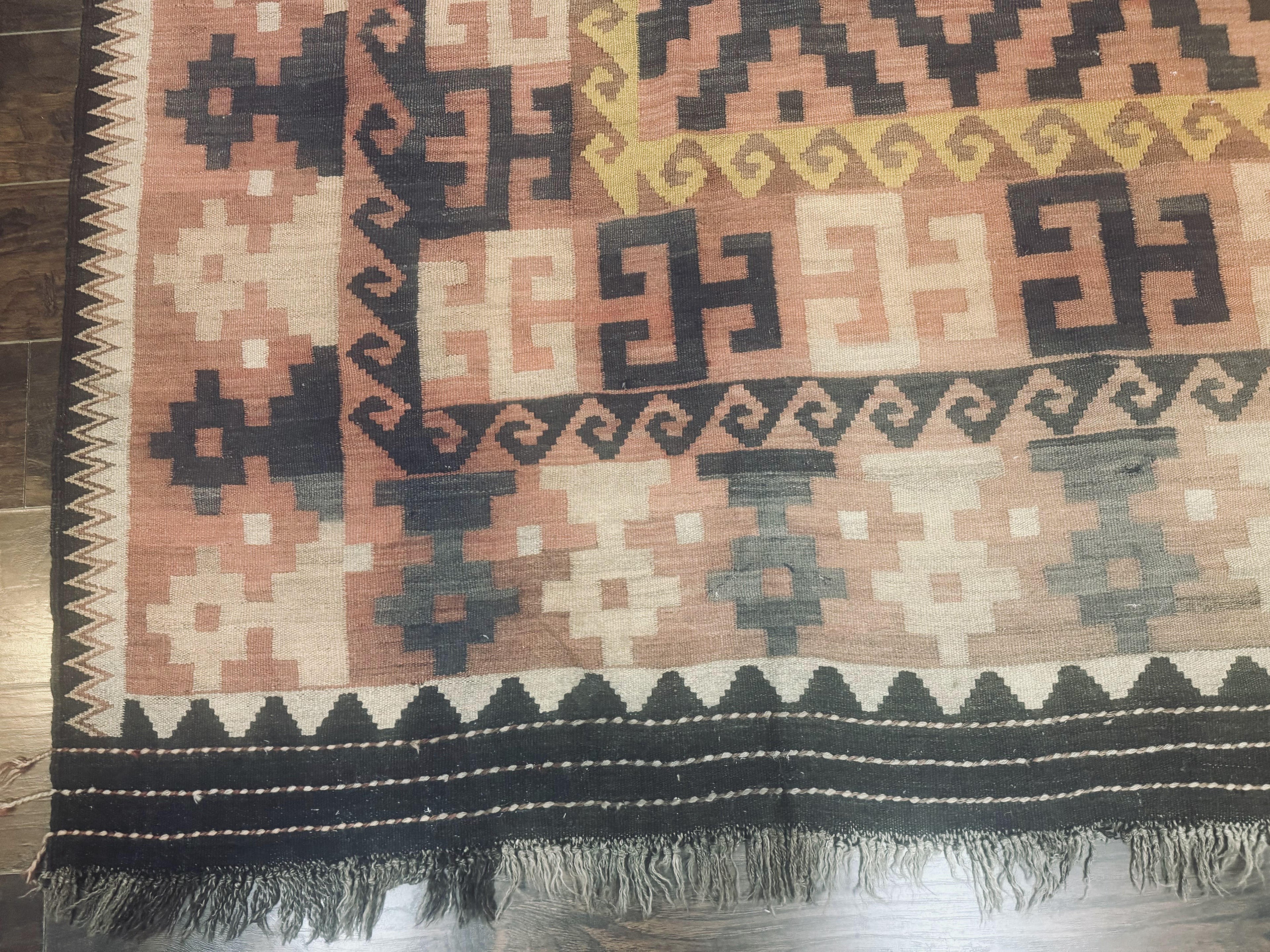 Antique Persian Tribal Kilim Rug 9x12, Zig Zag Pattern Kilim, Zarand Rug, Wool, Earth Tone Colors