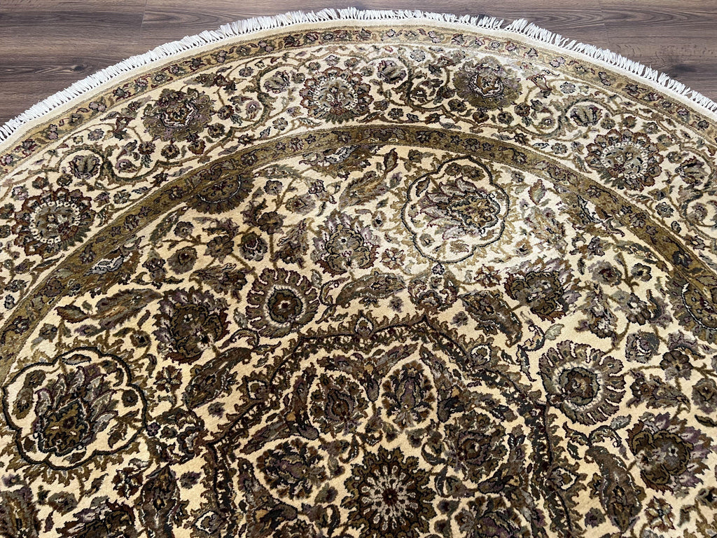 Round Indo Persian Rug 8x8 ft, Large Hand Knotted Vintage Wool Circular Carpet, 8ft Round Oriental Rug, Floral Medallion, Cream and Green