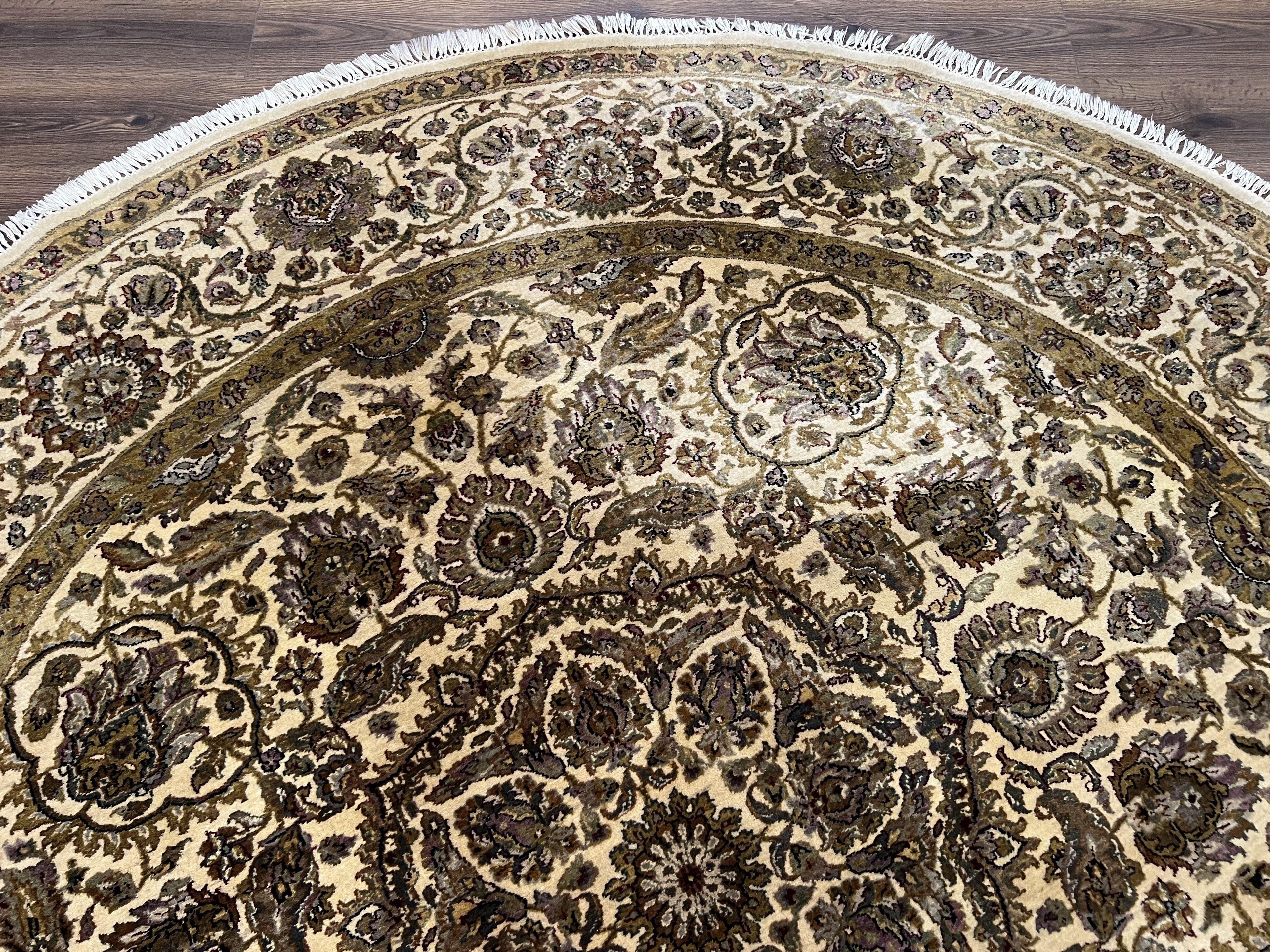Round Indo Persian Rug 8x8 ft, Large Hand Knotted Vintage Wool Circular Carpet, 8ft Round Oriental Rug, Floral Medallion, Cream and Green