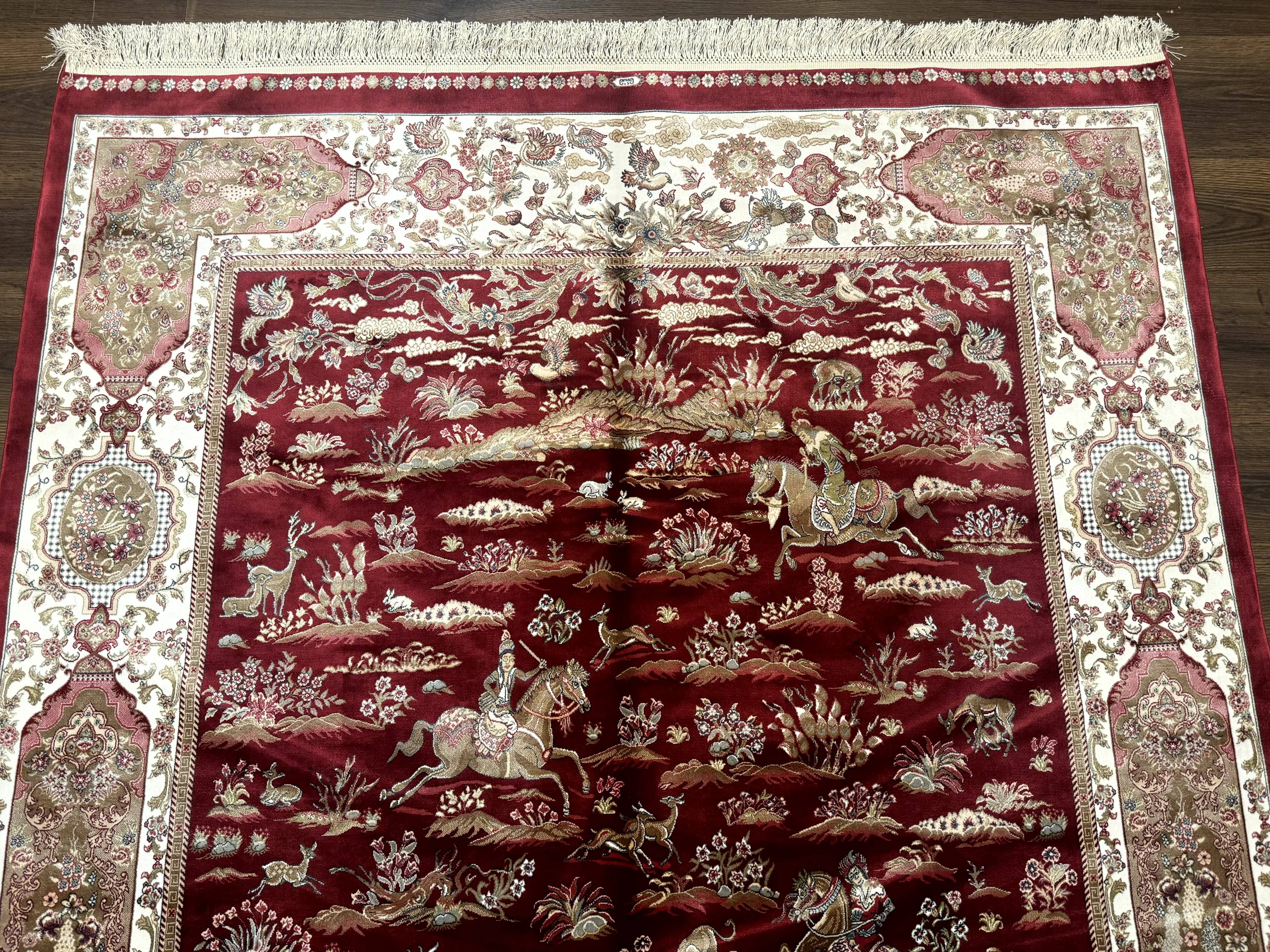 Turkish Silk Hunting Scene Rug 5 x 7.6, Red & Ivory, Bamboo Silk, New