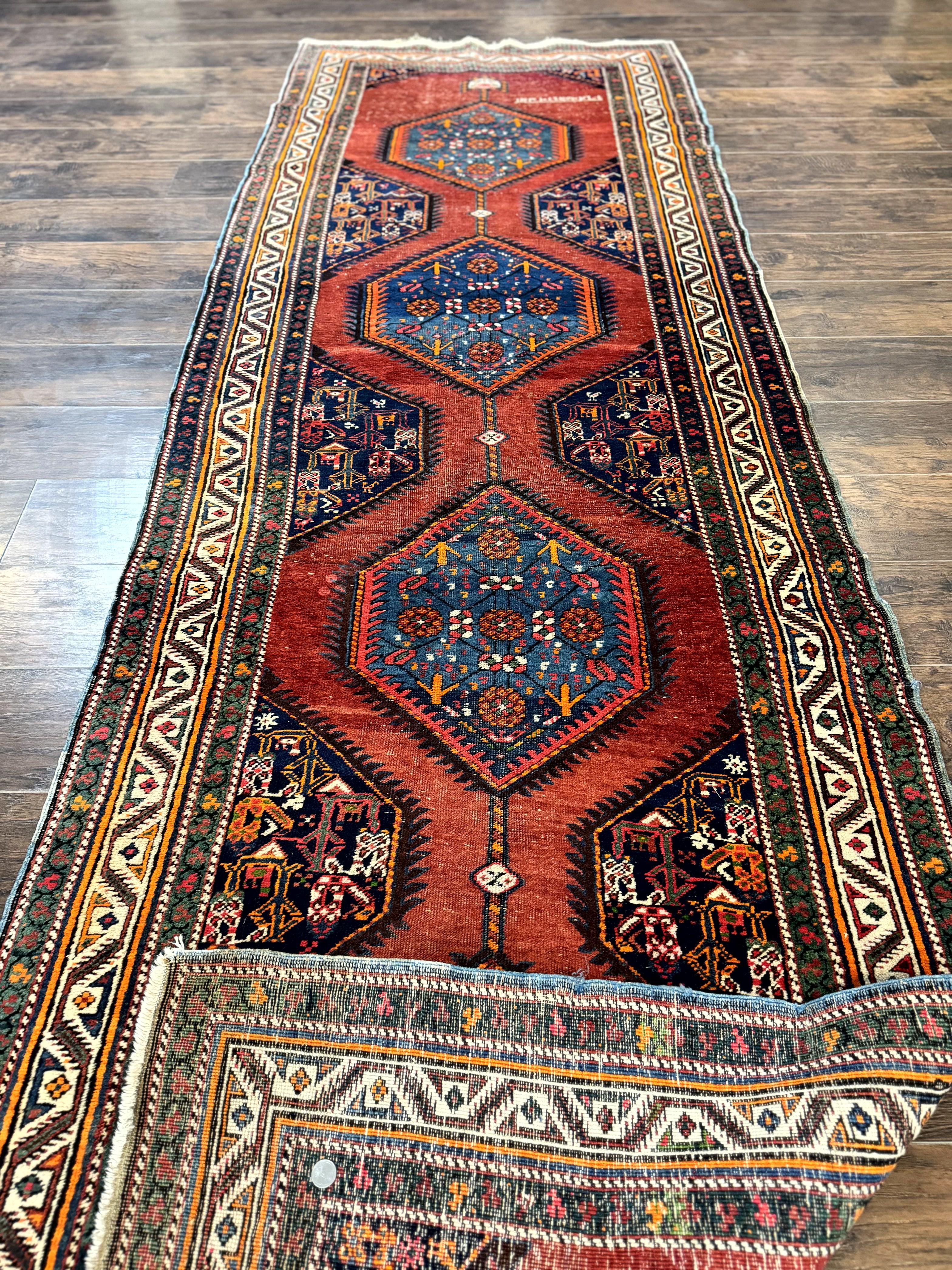 Antique Persian Sarab Runner Rug 3.9 x 12, Red, Handmade, Tribal Runner, Wool, Signed
