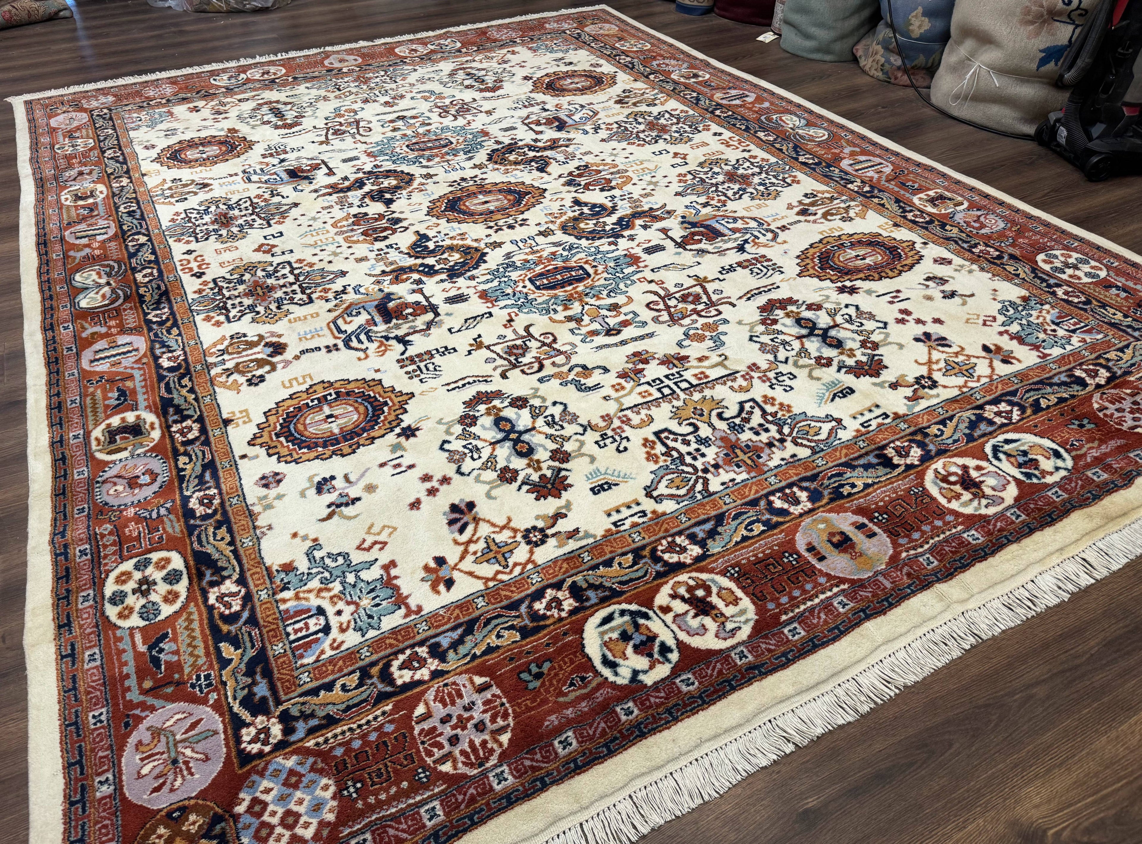 Indo Chinese Wool Rug 9x12, Ivory and Rust Red, Dragon Motifs