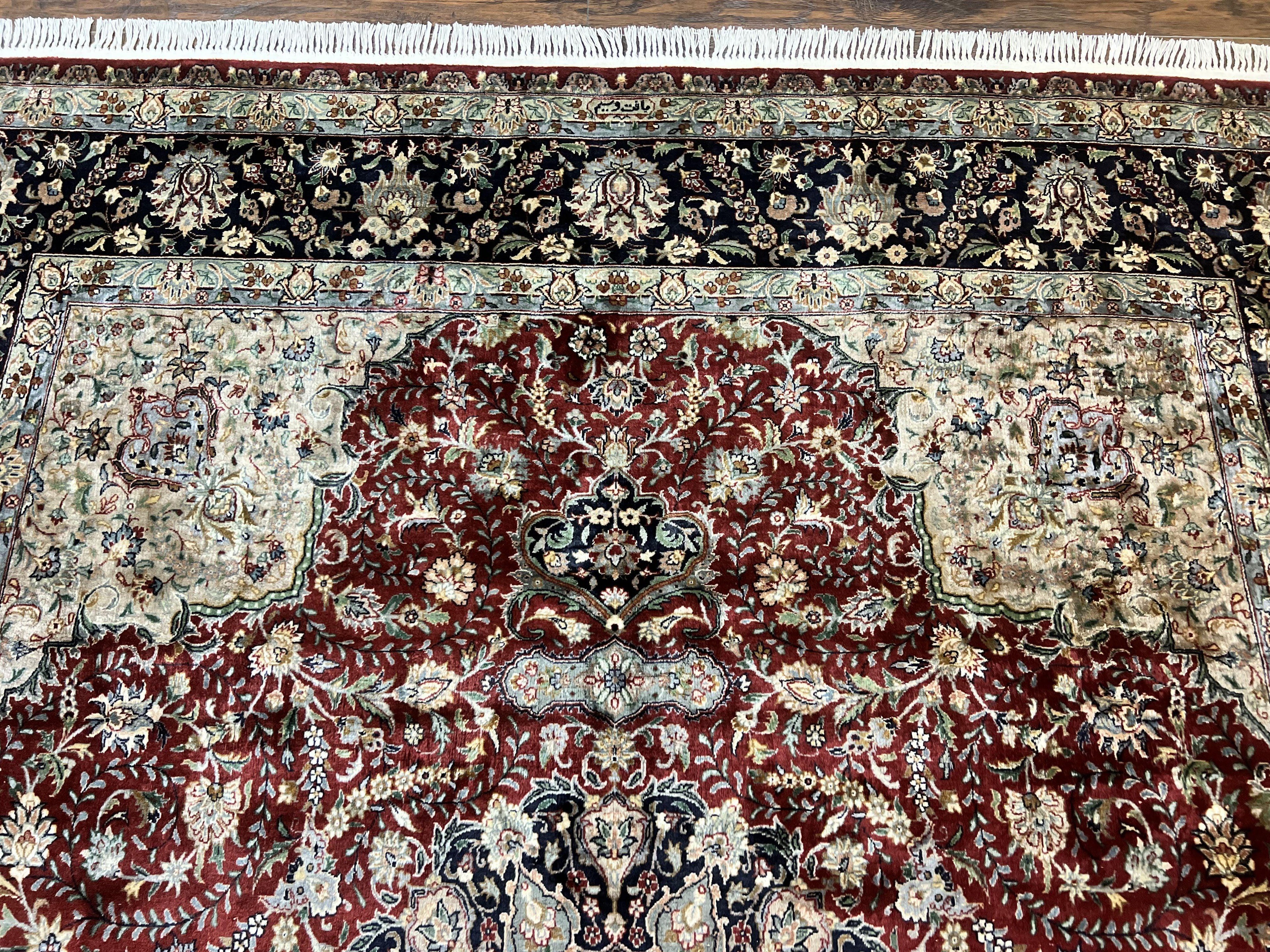Pak Persian Rug 8x10, Wool Hand Knotted Vintage Carpet, Dark Red & Navy Blue, Dome Design Floral Medallion Rug, 8 x 10 Oriental Rug