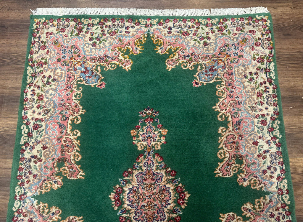 Green Persian Kerman Rug 4x6, Semi Open Field, Green & Cream, Vintage