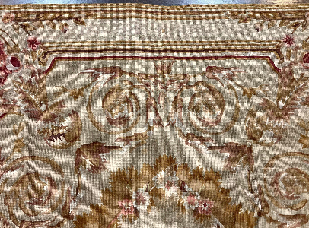 Aubusson Needlepoint Rug 4x5 ft, Beige and Tan, Aubusson Savonnerie Vintage Carpet, Handwoven Handmade Wool Rug, European Design Floral Rose