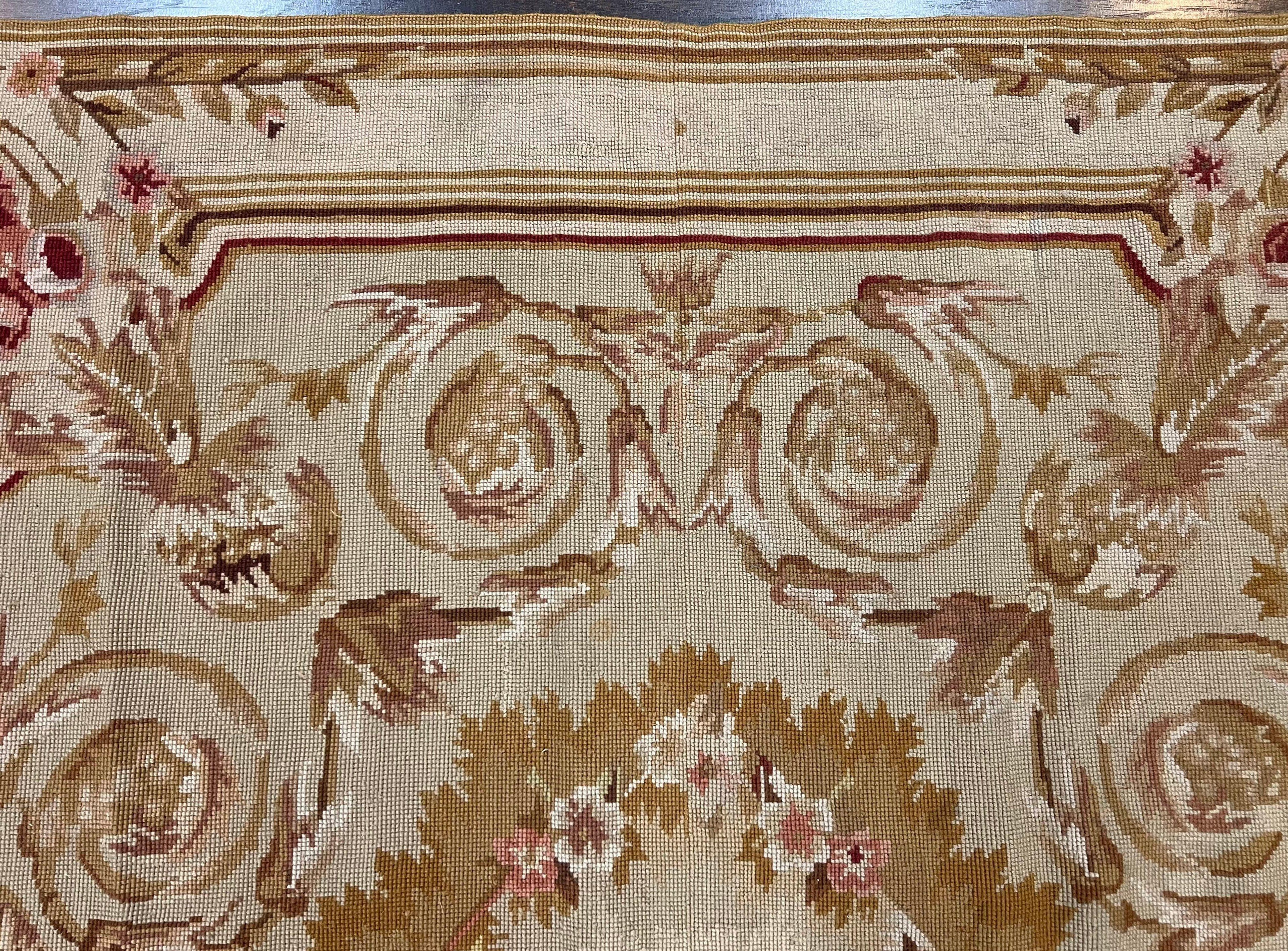 Aubusson Needlepoint Rug 4x5 ft, Beige and Tan, Aubusson Savonnerie Vintage Carpet, Handwoven Handmade Wool Rug, European Design Floral Rose