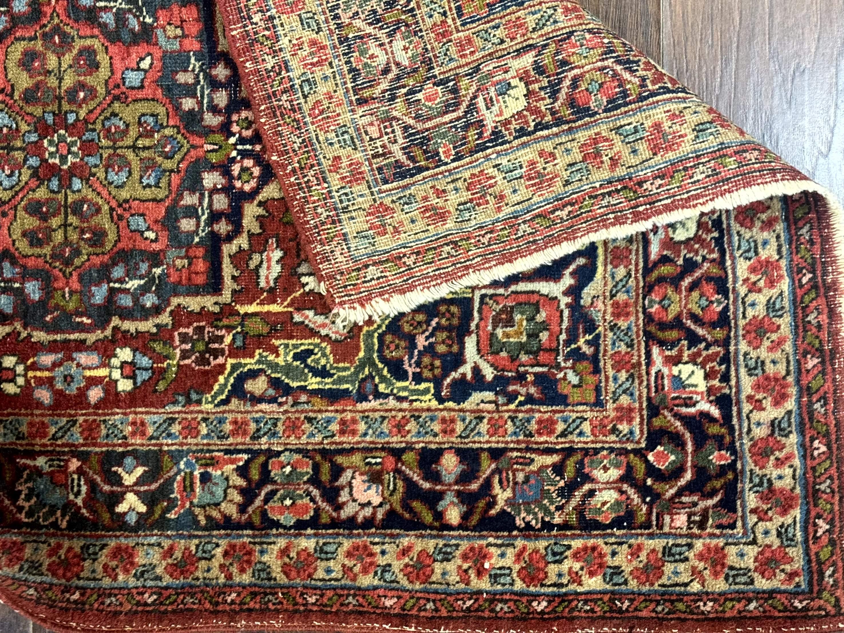 Antique Persian Tabriz Rug 3x5, Brick Red Navy Blue, Floral Medallion, Small Persian Carpet
