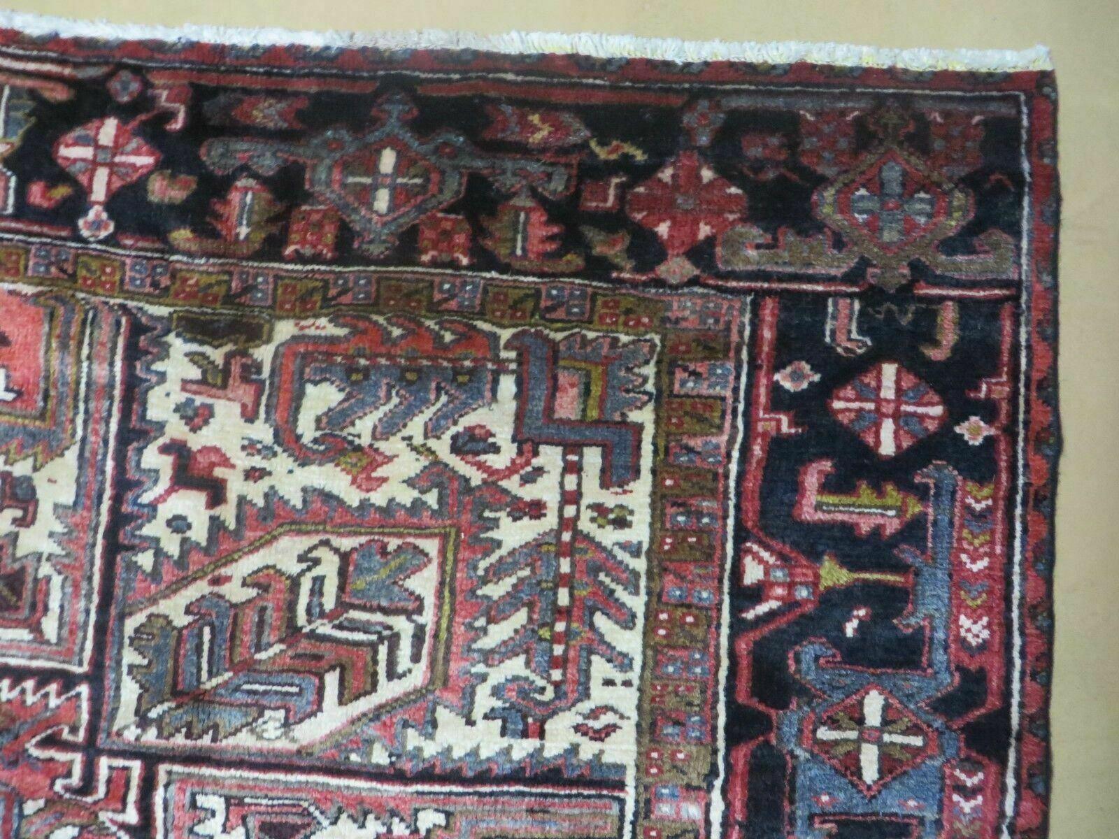Persian Heriz Rug 8x12 Semi Antique Heriz Carpet, Room Sized Persian Carpet, Geometric Medallion, Wool, Hand Knotted, Red Ivory Dark Blue