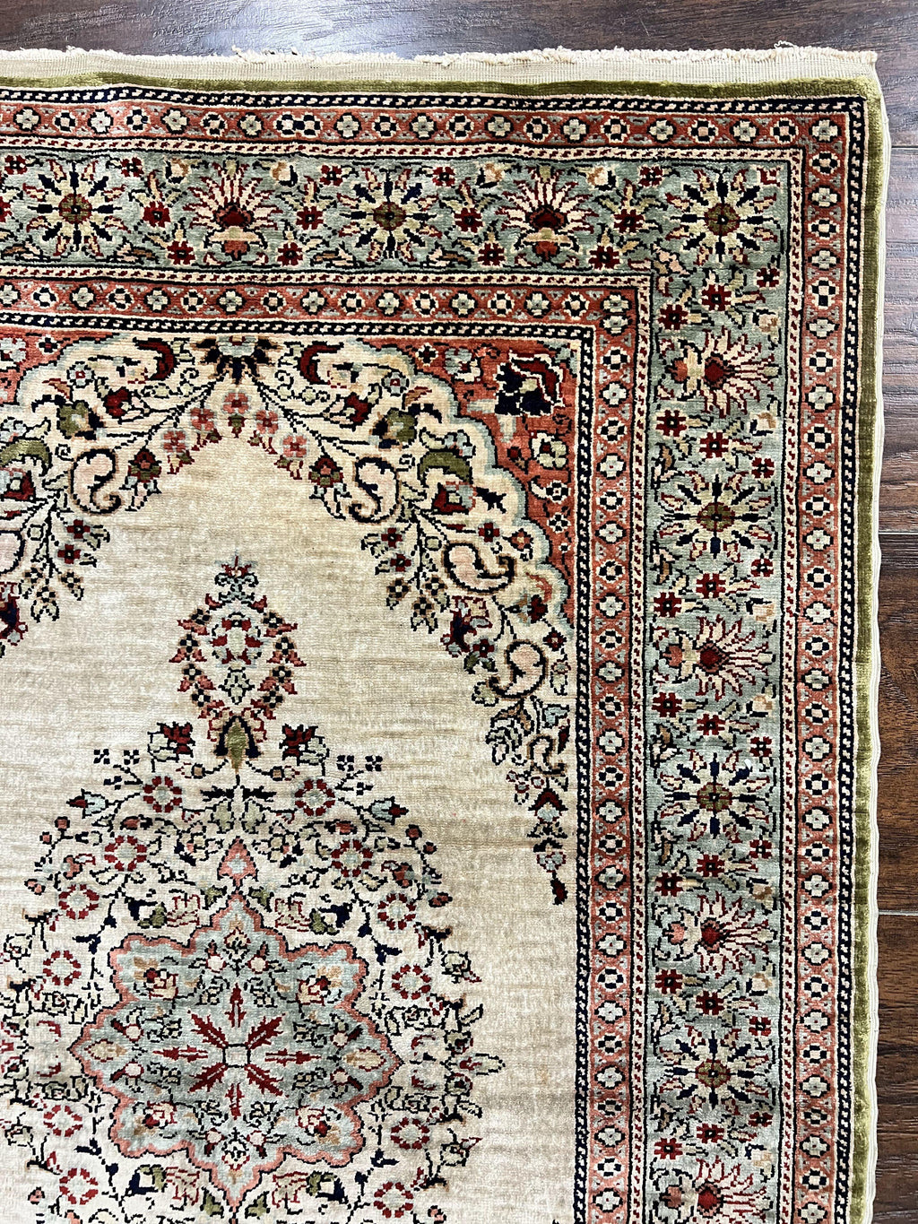 Silk Turkish Kayseri Rug 2x3, Very Finely Hand Knotted, Semi Open Field, Vintage, Silk Pile on Silk Foundation, 300 KPSI