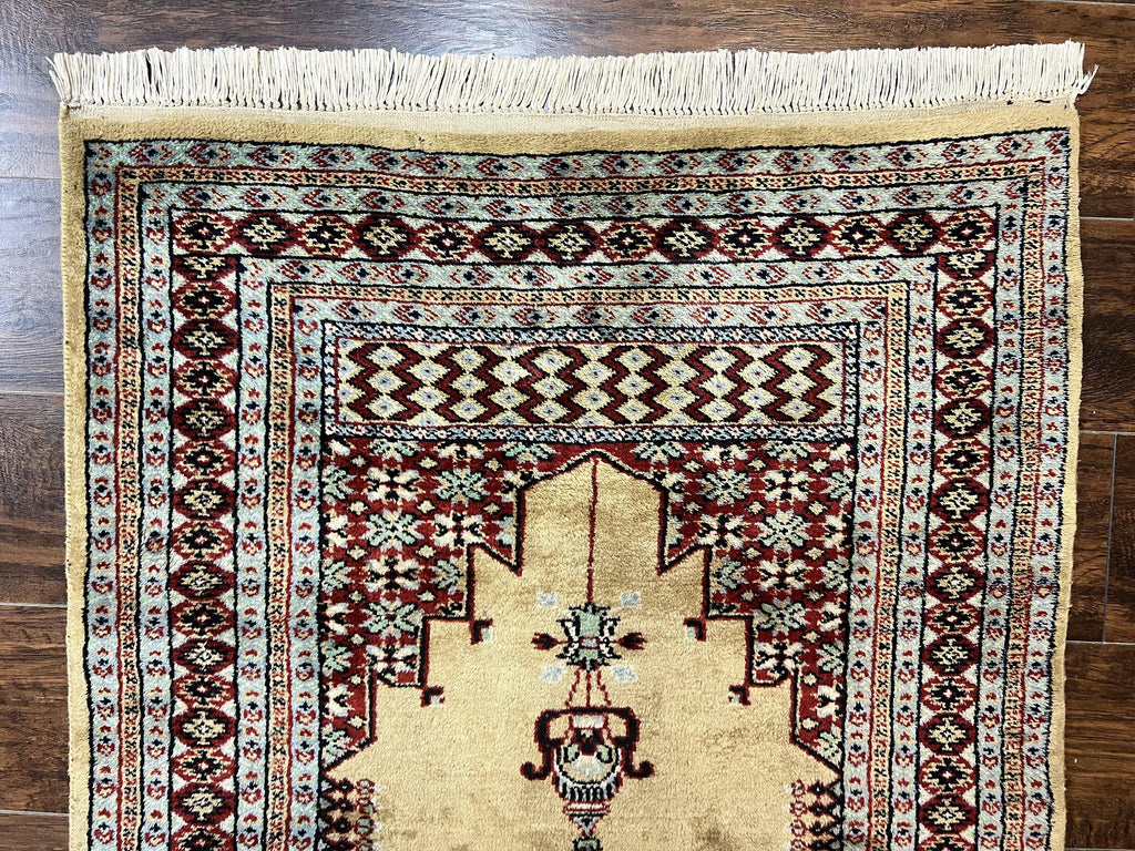 Bokhara Prayer Rug 3x5, Pakistani Turkoman Carpet, Tan, Handmade Vintage Wool Carpet