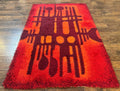 Danish Rya Shag Rug 4x6, Red Vintage Mid Century Retro Abstract Shag Rug