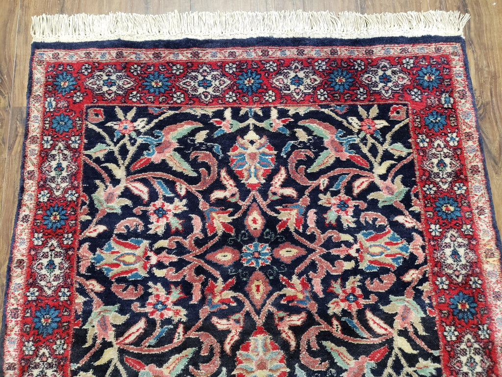 Antique Persian Sarouk Rug 3x5, Navy Blue, Allover Pattern, Hand Knotted