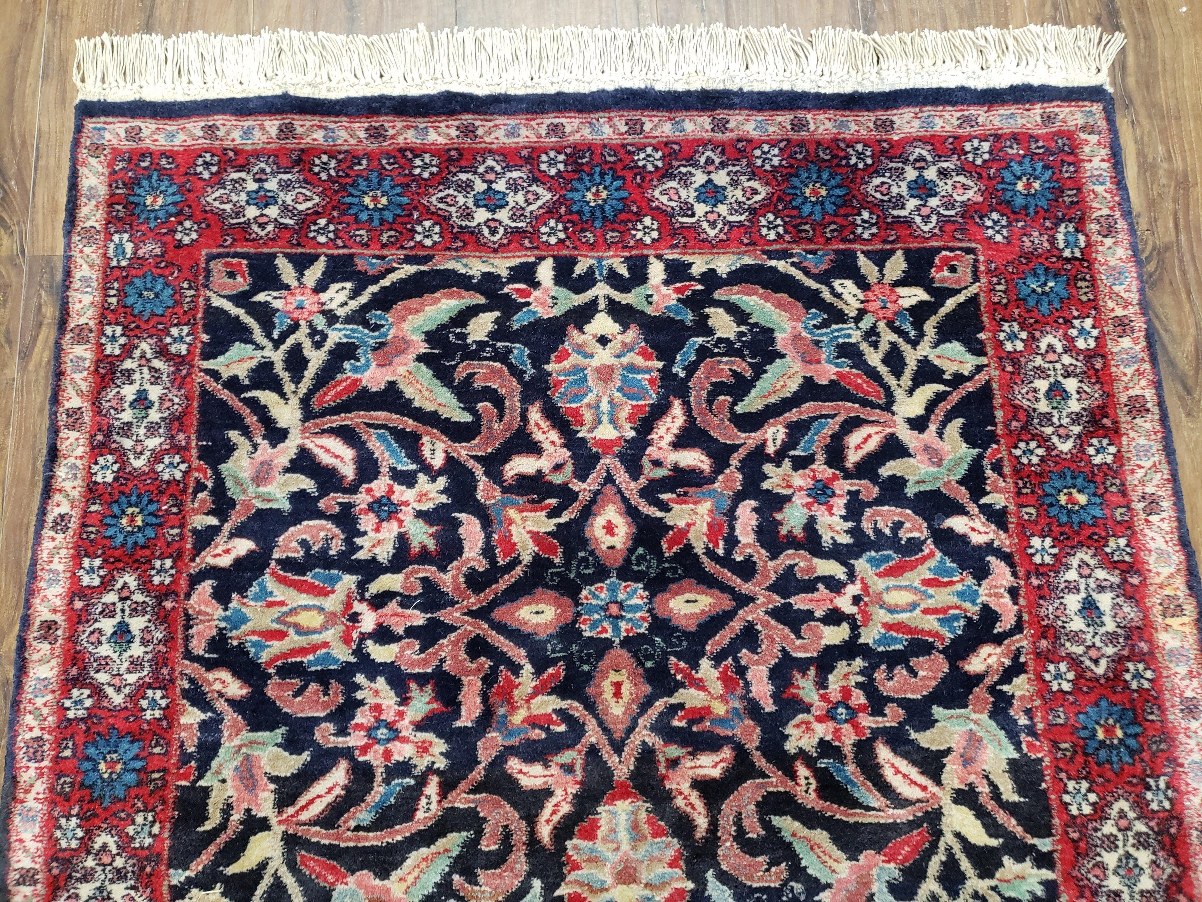 Antique Persian Sarouk Rug 3x5, Navy Blue, Allover Pattern, Hand Knotted