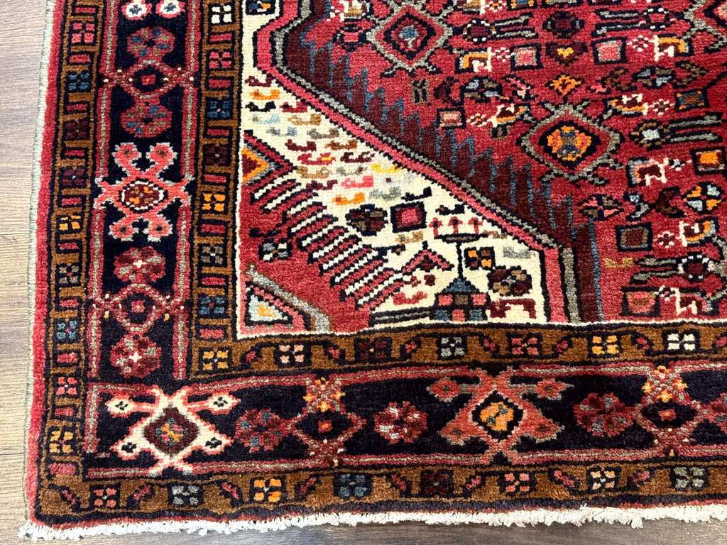 Persian Hamadan Rug 4x7, Tribal Village Malayer Carpet, Red and Ivory, Bohemian Antique