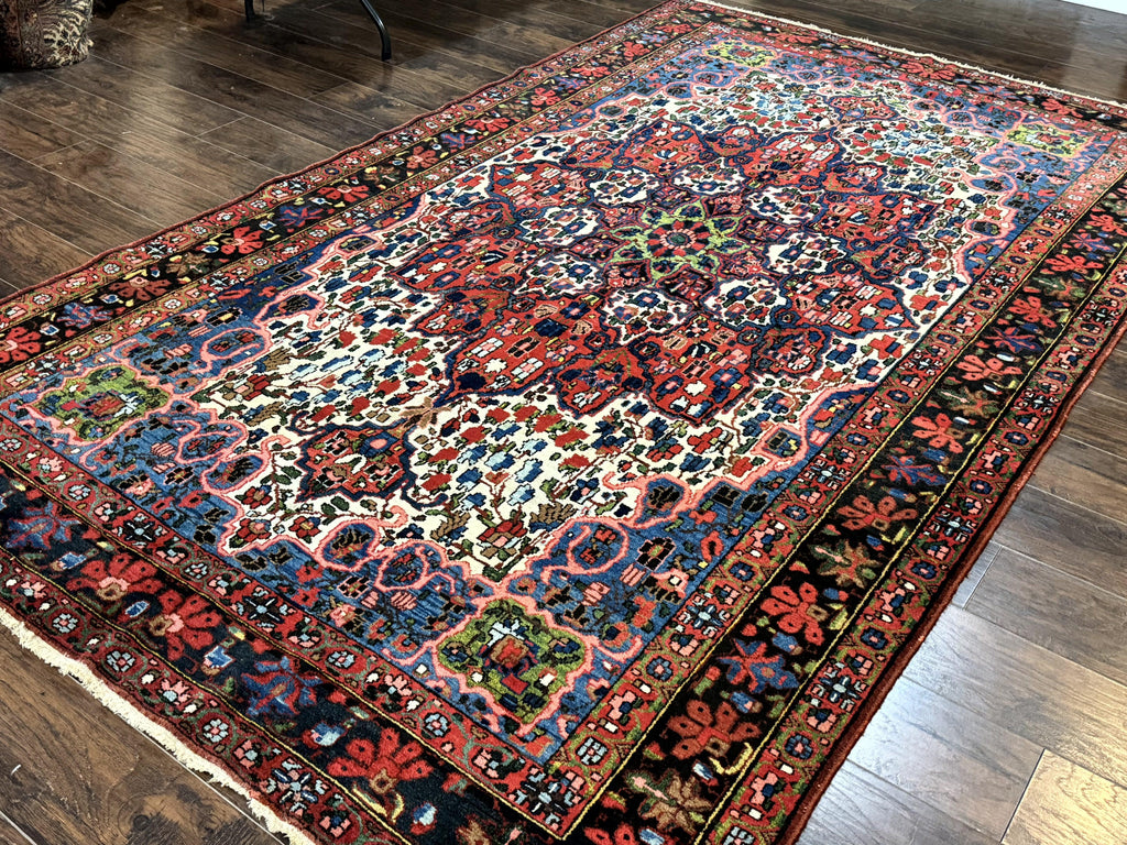 Persian Bakhtiari Rug 7x10, Antique Persian Carpet, Colorful, Great Colors, Ivory Red Blue, Rare Tribal Rug