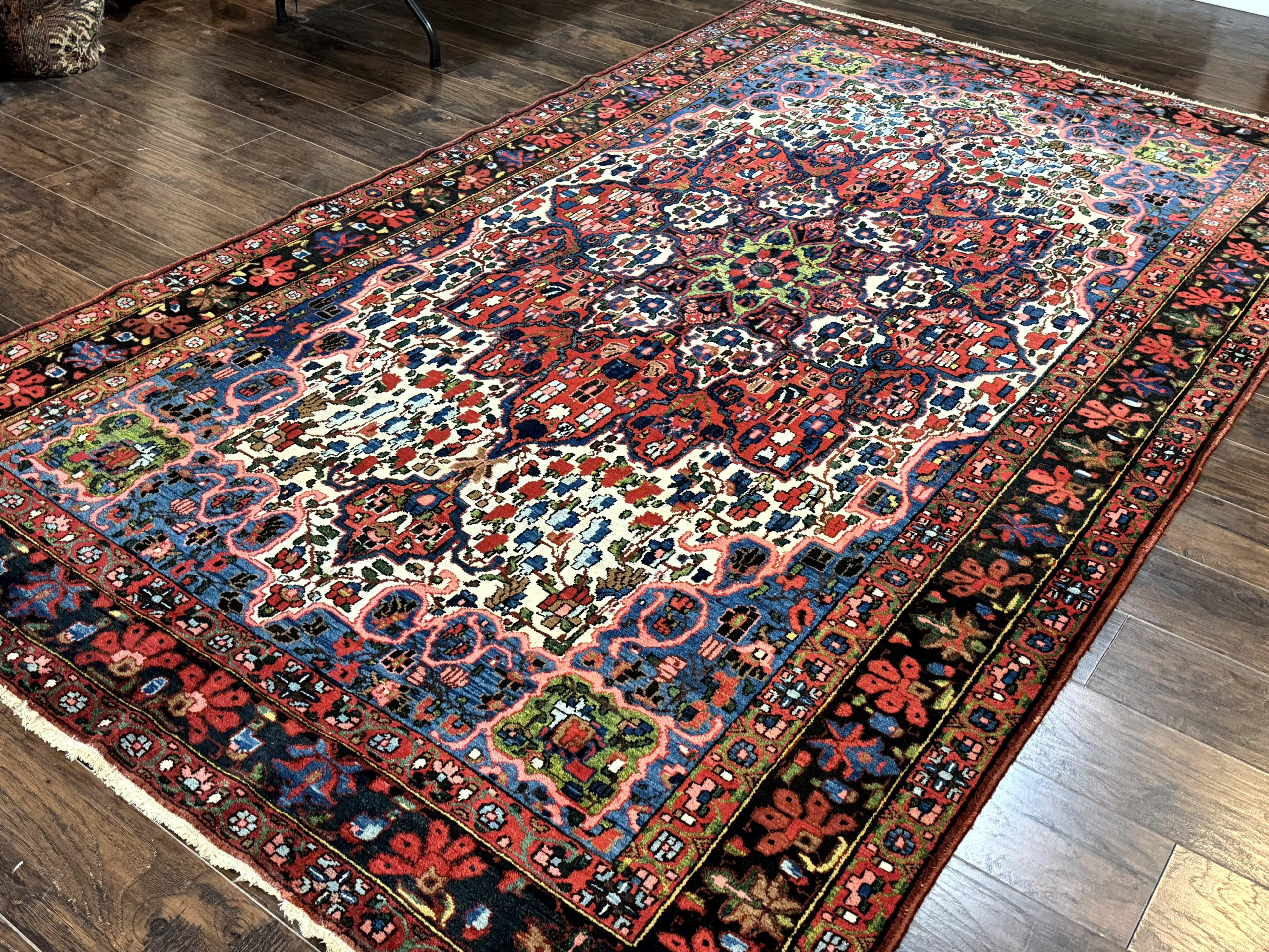 Persian Bakhtiari Rug 7x10, Antique Persian Carpet, Colorful, Great Colors, Ivory Red Blue, Rare Tribal Rug
