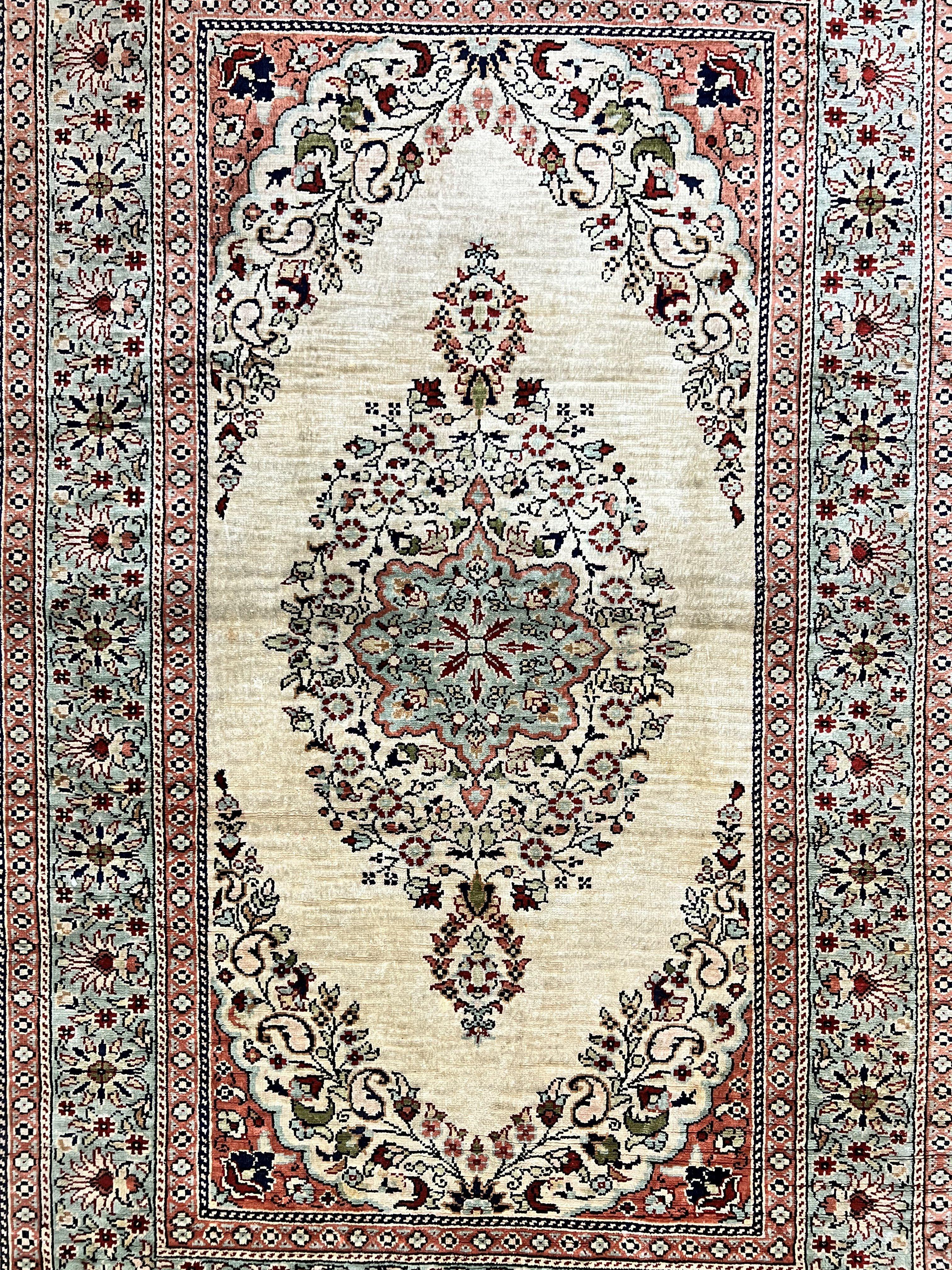 Silk Turkish Kayseri Rug 2x3, Very Finely Hand Knotted, Semi Open Field, Vintage, Silk Pile on Silk Foundation, 300 KPSI