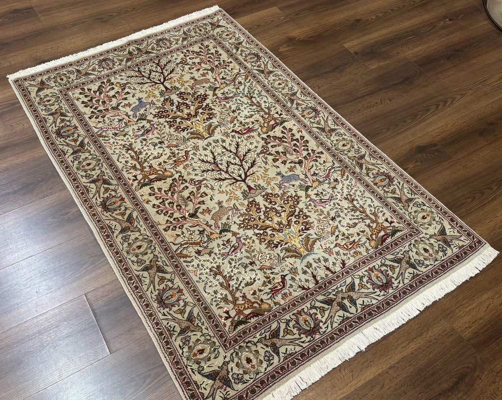 Wonderful Persian Tabriz Rug 3x5, Tree of Life, Animal Pictorials, Birds, Wool & Silk Highlights, Fine 330 KPSI