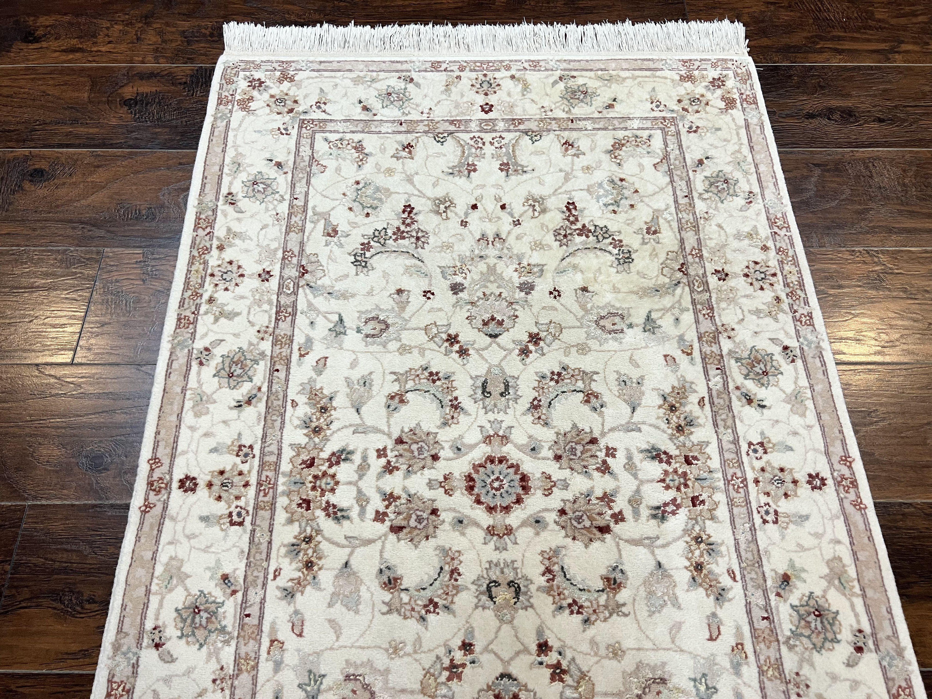 Sino Persian Rug 3x5, Wool with Silk Highlights, Ivory Floral Traditional Wool Area Rug, Fine Oriental Carpet, Vintage 3 x 5 Handmade Rug