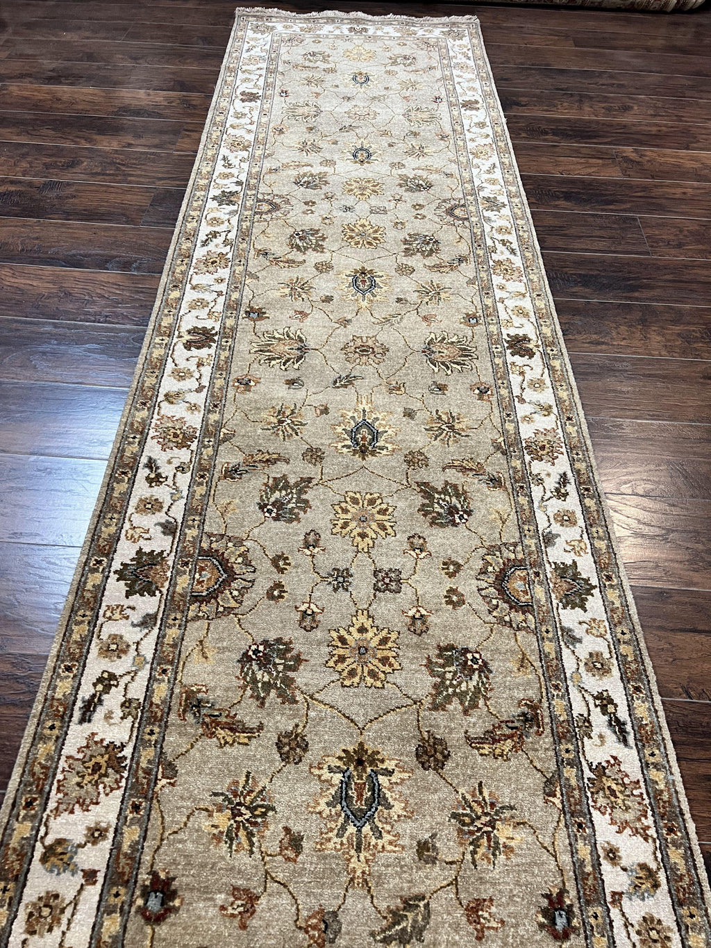 Peshawar Runner Rug 3 x 20, Wool Hand Knotted Vintage Pakistani Carpet, Olive Green & Ivory, Extra Long 20ft Hallway Runner, Floral