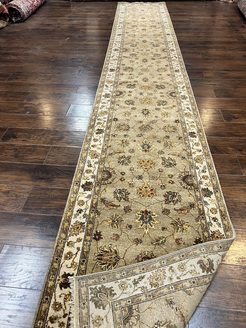 Peshawar Runner Rug 3 x 20, Wool Hand Knotted Vintage Pakistani Carpet, Olive Green & Ivory, Extra Long 20ft Hallway Runner, Floral